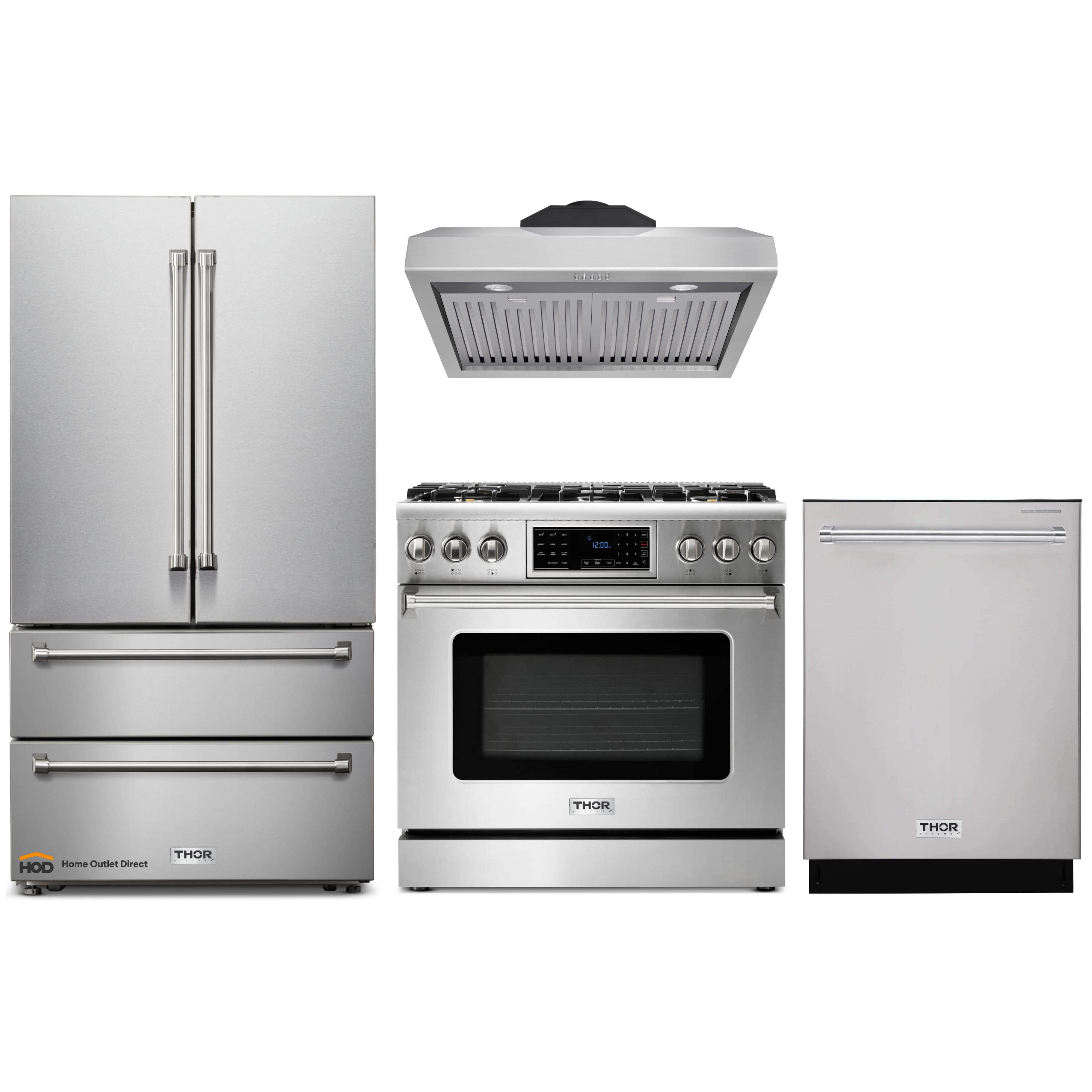 Thor Kitchen 4-Piece Appliance Package - 36-Inch Gas Range with Tilt Panel, French Door Refrigerator, Under Cabinet Hood and Dishwasher in Stainless Steel
