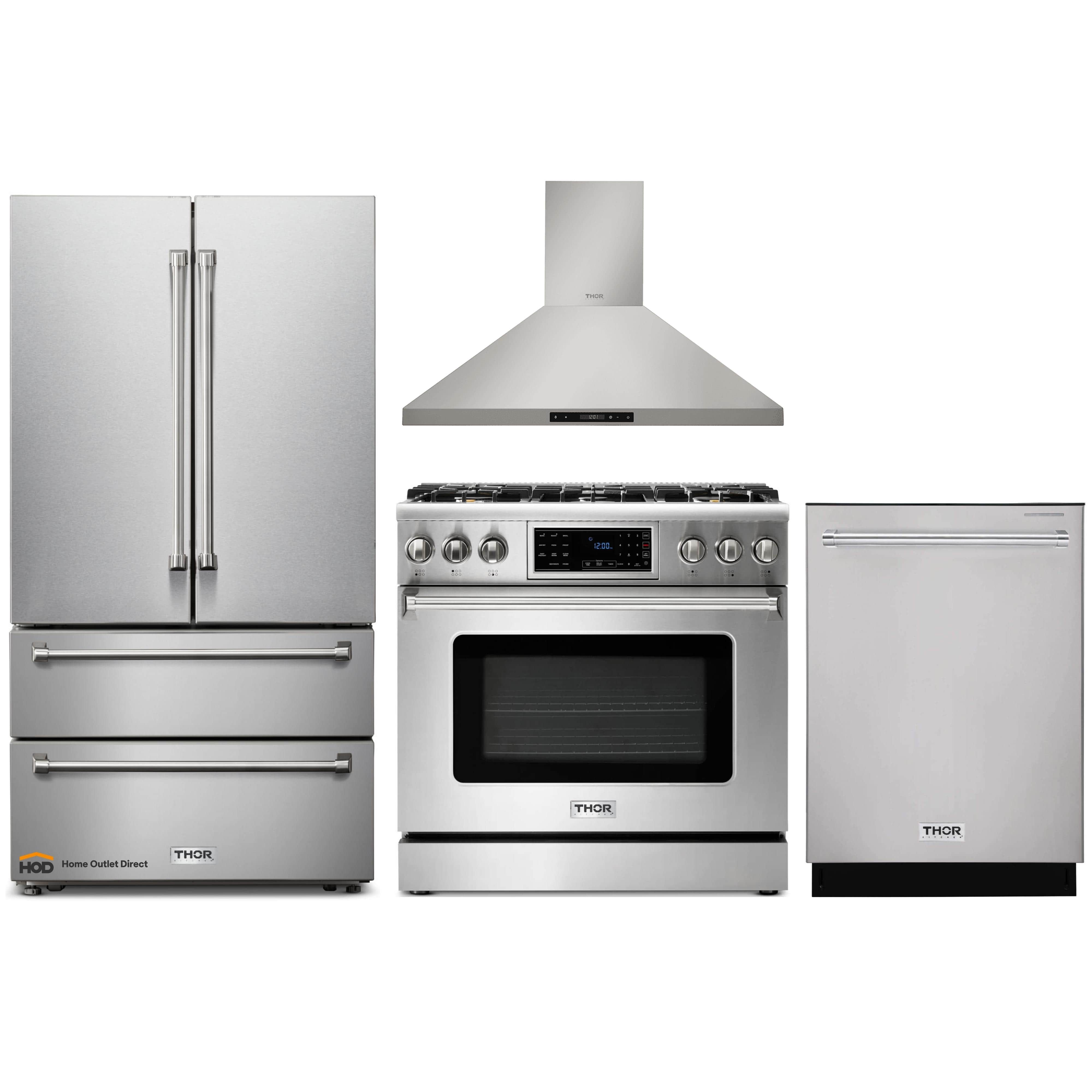 Thor Kitchen 4-Piece Appliance Package - 36-Inch Gas Range with Tilt Panel, French Door Refrigerator, Wall Mount Hood, and Dishwasher in Stainless Steel