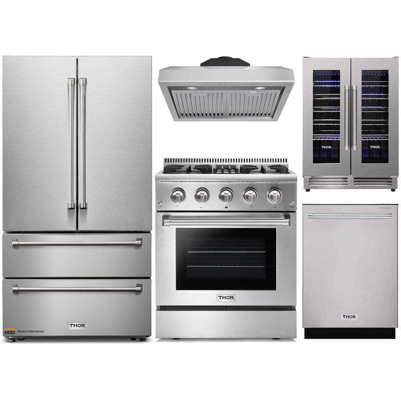 Thor Kitchen 5-Piece Pro Appliance Package - 30-Inch Dual Fuel Range, French Door Refrigerator, Under Cabinet Hood, Dishwasher, and Wine Cooler in Stainless Steel