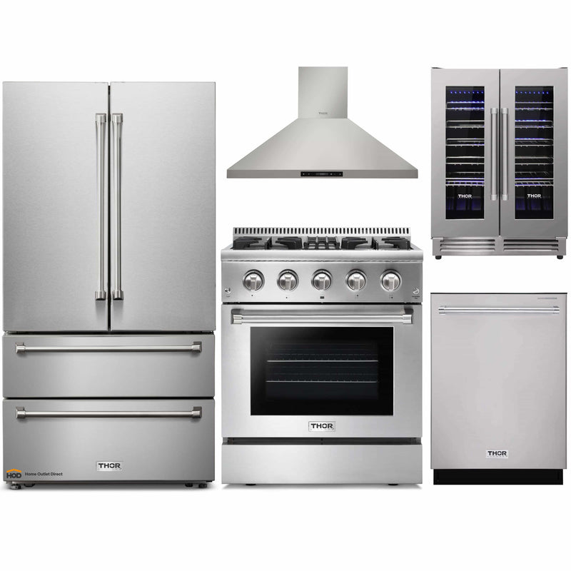 Thor Kitchen 5-Piece Pro Appliance Package - 30-Inch Dual Fuel Range, French Door Refrigerator, Wall Mount Hood, Dishwasher, and Wine Cooler in Stainless Steel