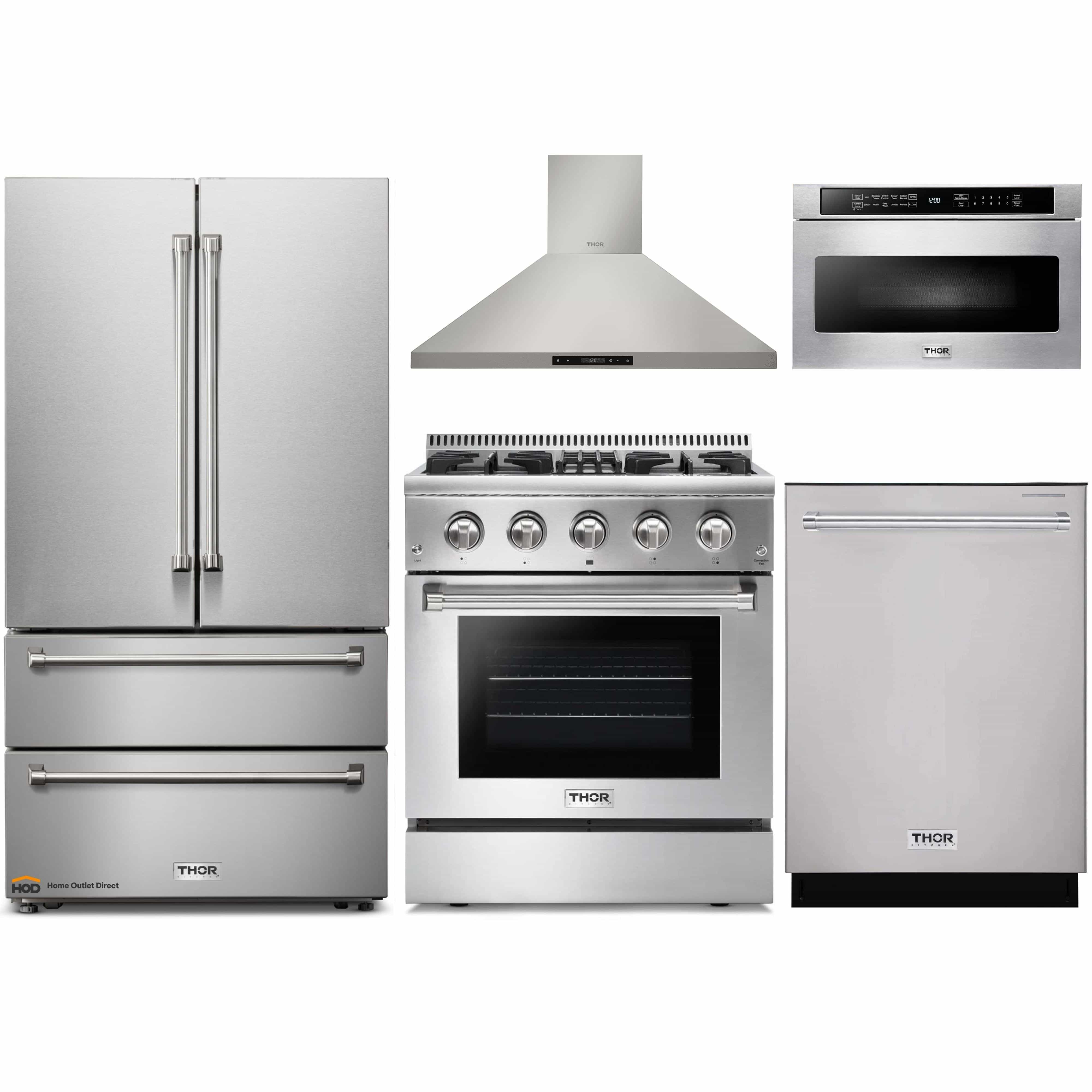Thor Kitchen 5-Piece Pro Appliance Package - 30-Inch Dual Fuel Range, French Door Refrigerator, Wall Mount Hood, Dishwasher, and Microwave Drawer in Stainless Steel