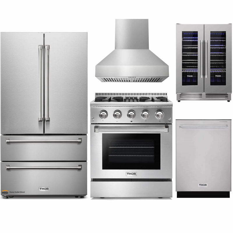 Thor Kitchen 5-Piece Pro Appliance Package - 30-Inch Dual Fuel Range, French Door Refrigerator, Pro-Style Wall Mount Hood, Dishwasher, and Wine Cooler in Stainless Steel