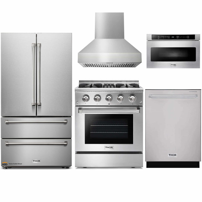 Thor Kitchen 5-Piece Pro Appliance Package - 30-Inch Dual Fuel Range, French Door Refrigerator, Pro-Style Wall Mount Hood, Dishwasher, and Microwave Drawer in Stainless Steel