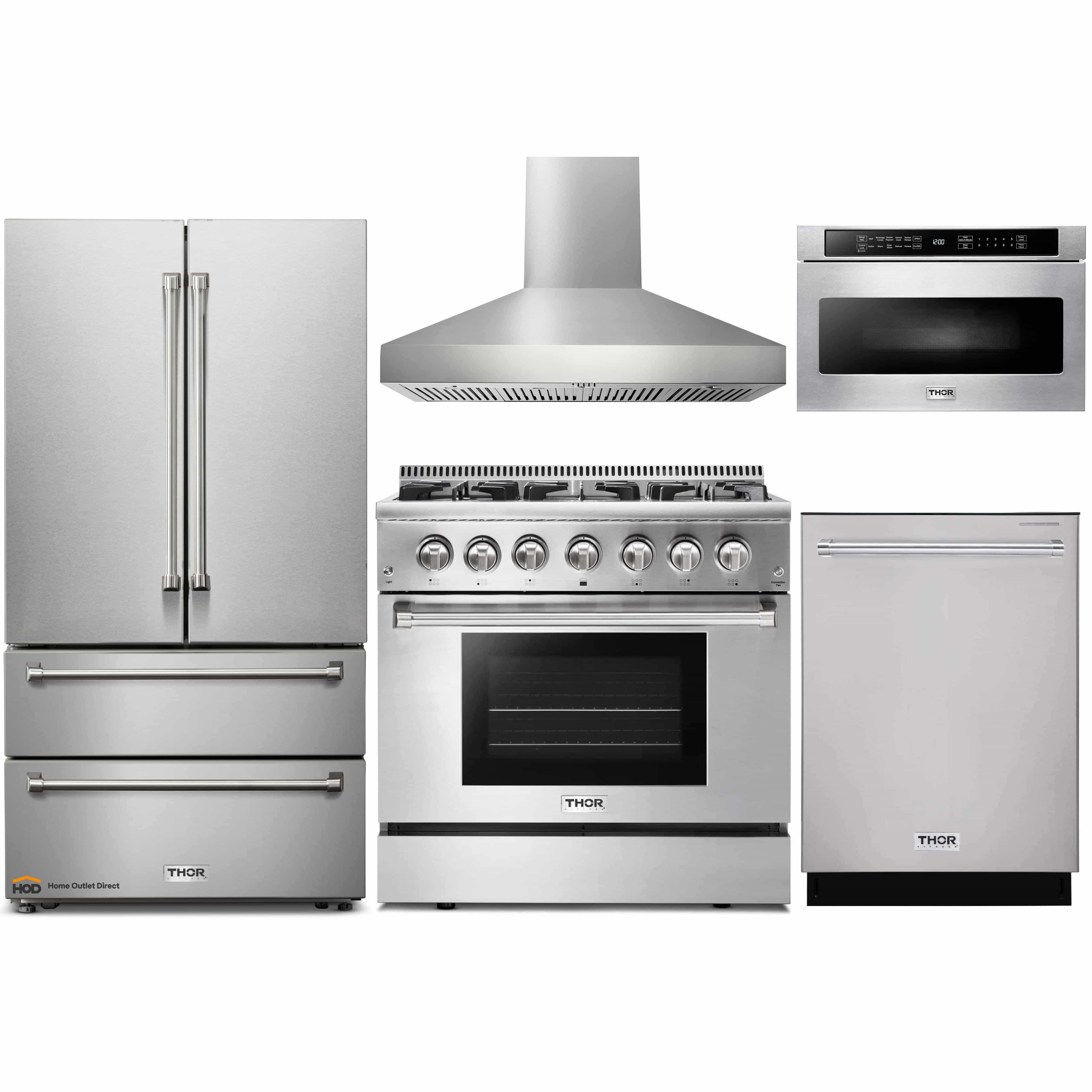 Thor Kitchen 5-Piece Pro Appliance Package - 36-Inch Dual Fuel Range, French Door Refrigerator, Pro-Style Wall Mount Hood, Dishwasher & Microwave Drawer in Stainless Steel