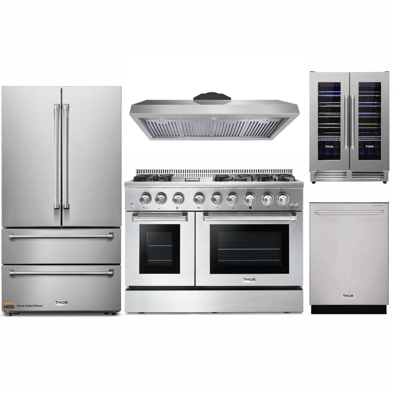 Thor Kitchen 5-Piece Pro Appliance Package - 48-Inch Dual Fuel Range, Under Cabinet 11-Inch Hood, French Door Refrigerator, Dishwasher, and Wine Cooler in Stainless Steel