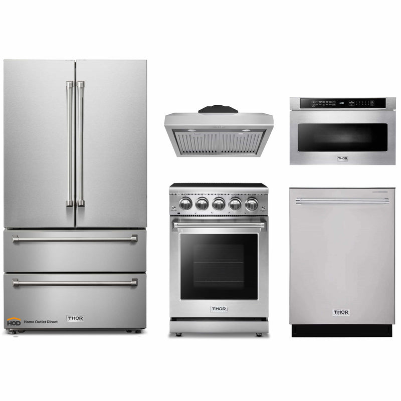 Thor Kitchen 5-Piece Appliance Package - 24-Inch Electric Range, French Door Refrigerator, Under Cabinet Hood, Dishwasher, and Microwave Drawer in Stainless Steel