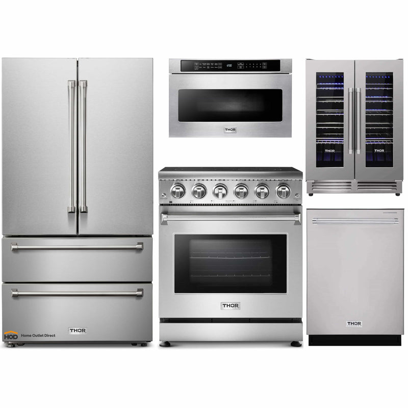 Thor Kitchen 5-Piece Appliance Package - 30-Inch Electric Range, French Door Refrigerator, Dishwasher, Microwave Drawer, & Wine Cooler in Stainless Steel
