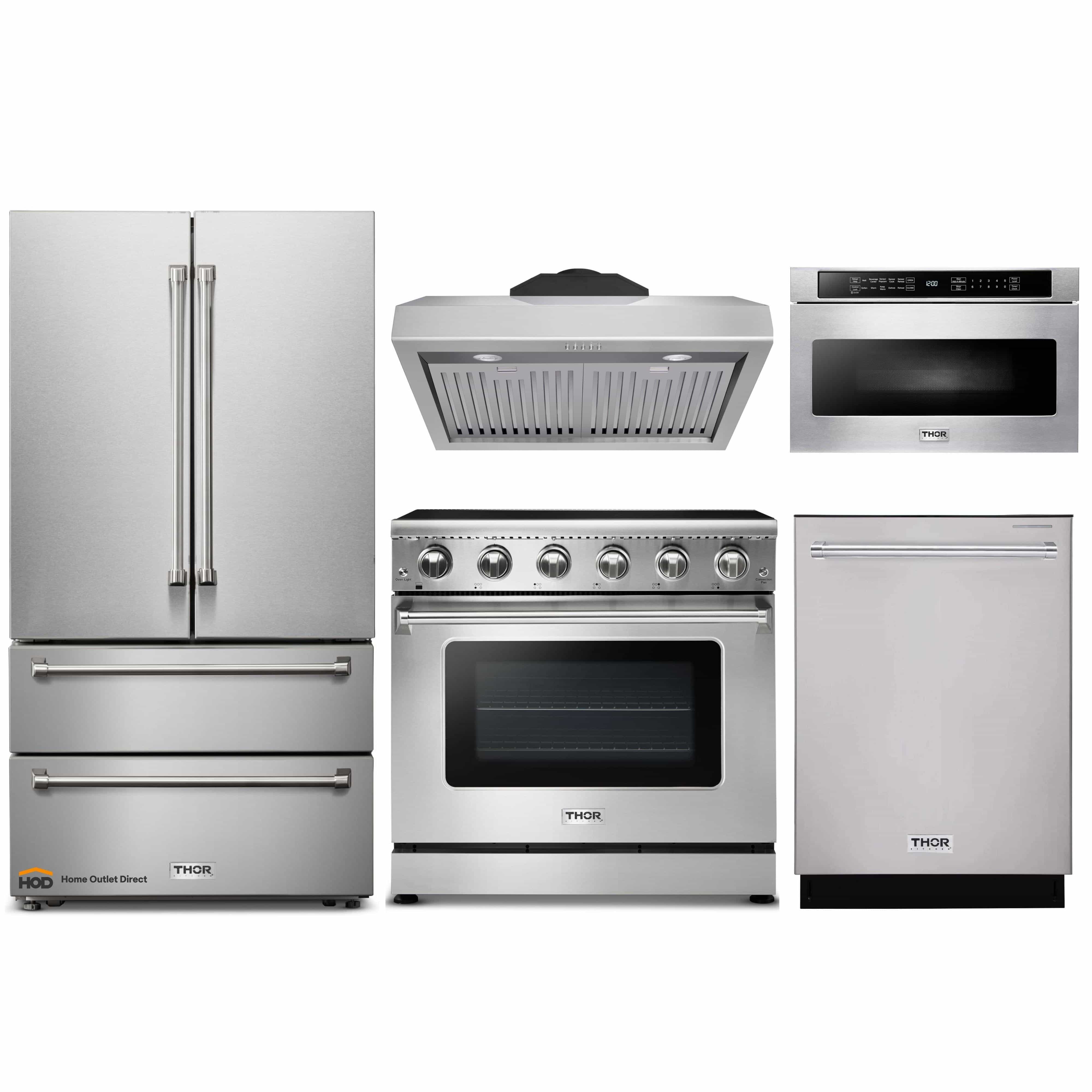 Thor Kitchen 5-Piece Appliance Package - 36-Inch Electric Range, French Door Refrigerator, Under Cabinet Hood, Dishwasher, and Microwave Drawer in Stainless Steel
