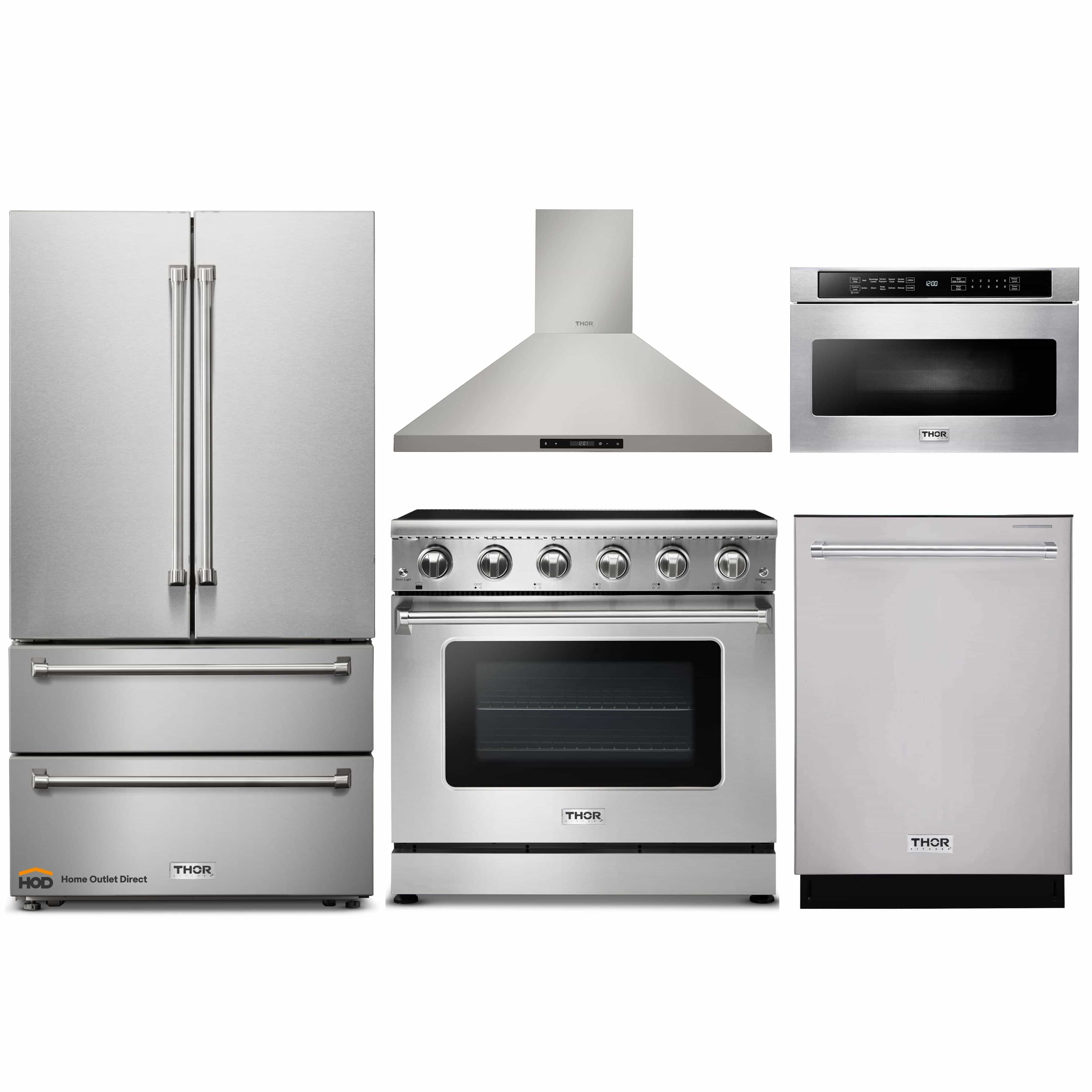 Thor Kitchen 5-Piece Appliance Package - 36-Inch Electric Range, French Door Refrigerator, Wall Mount Hood, Dishwasher, and Microwave Drawer in Stainless Steel