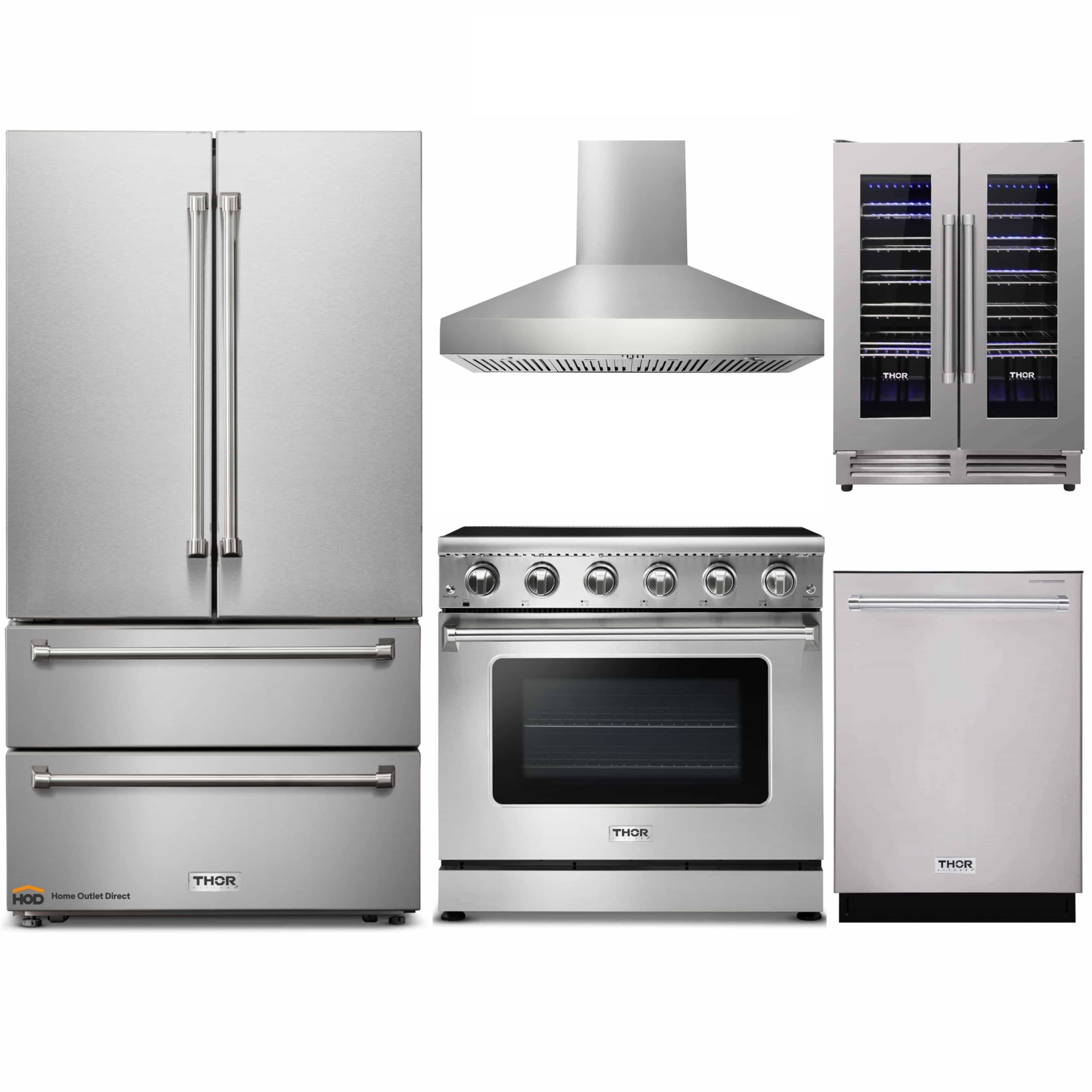 Thor Kitchen 5-Piece Appliance Package - 36-Inch Electric Range, French Door Refrigerator, Pro-Style Wall Mount Hood, Dishwasher, & Wine Cooler in Stainless Steel
