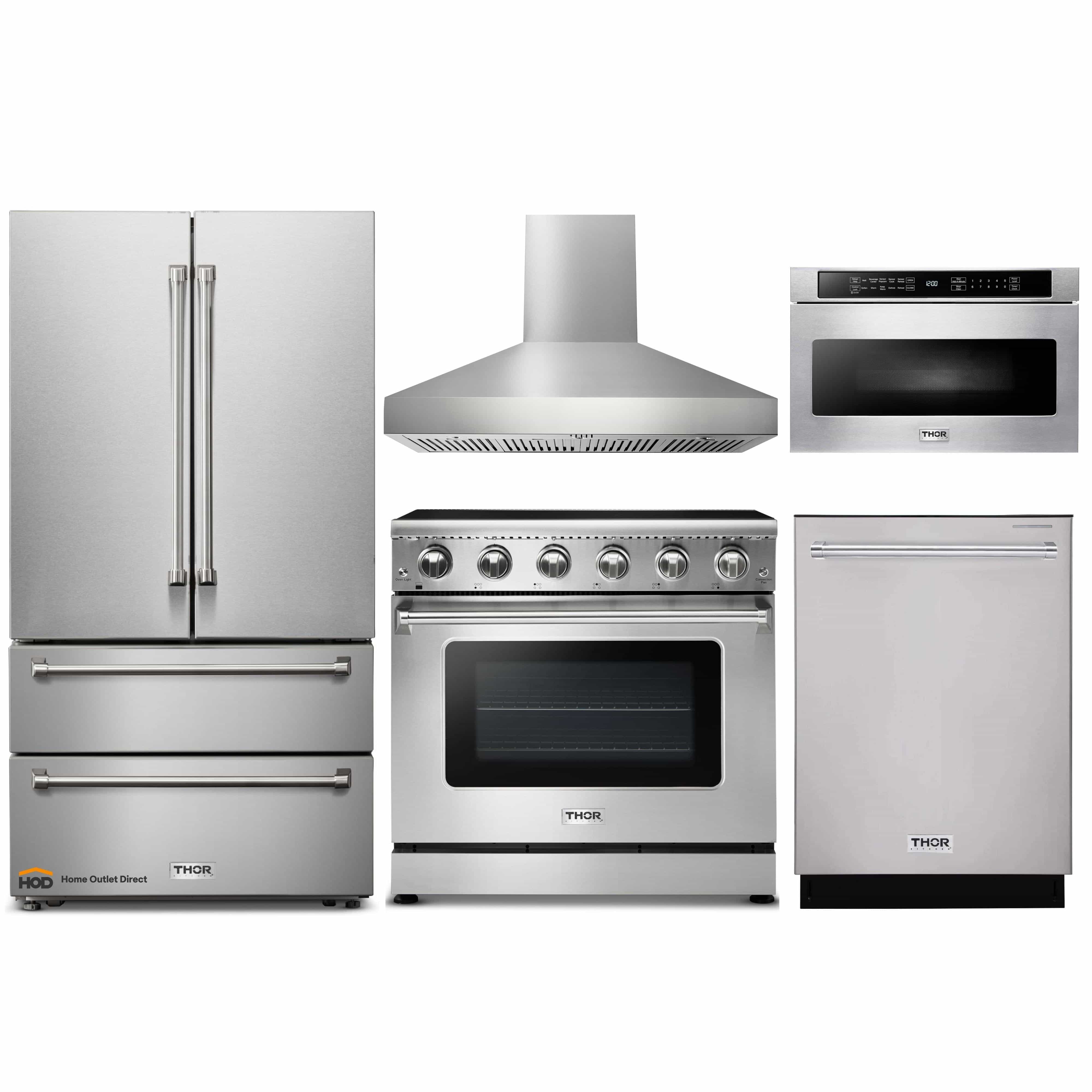 Thor Kitchen 5-Piece Appliance Package - 36-Inch Electric Range, French Door Refrigerator, Pro-Style Wall Mount Hood, Dishwasher, and Microwave Drawer in Stainless Steel