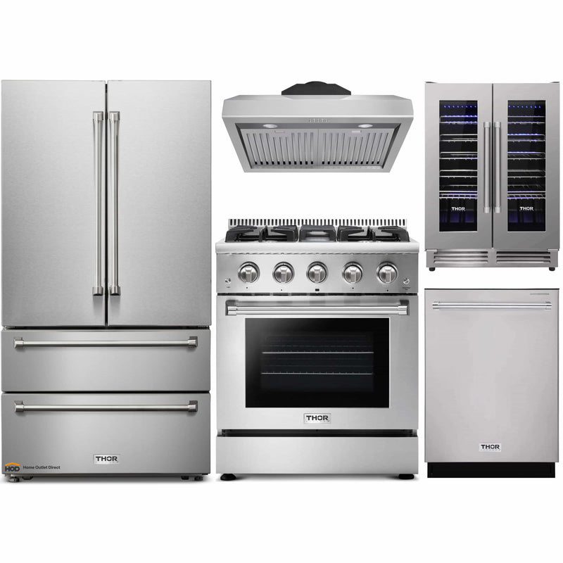 Thor Kitchen 5-Piece Pro Appliance Package - 30-Inch Gas Range, French Door Refrigerator, Under Cabinet Hood, Dishwasher, and Wine Cooler in Stainless Steel