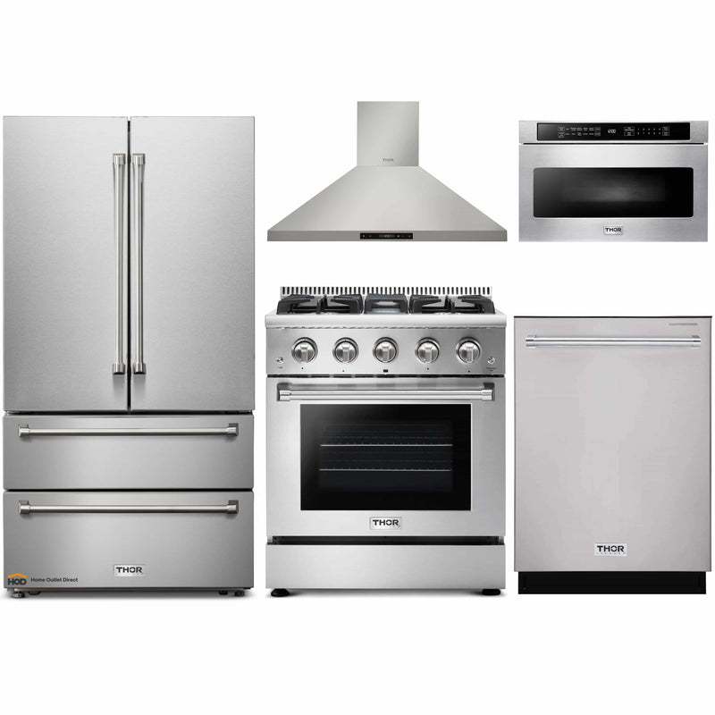 Thor Kitchen 5-Piece Pro Appliance Package - 30-Inch Gas Range, French Door Refrigerator, Wall Mount Hood, Dishwasher, and Microwave Drawer in Stainless Steel