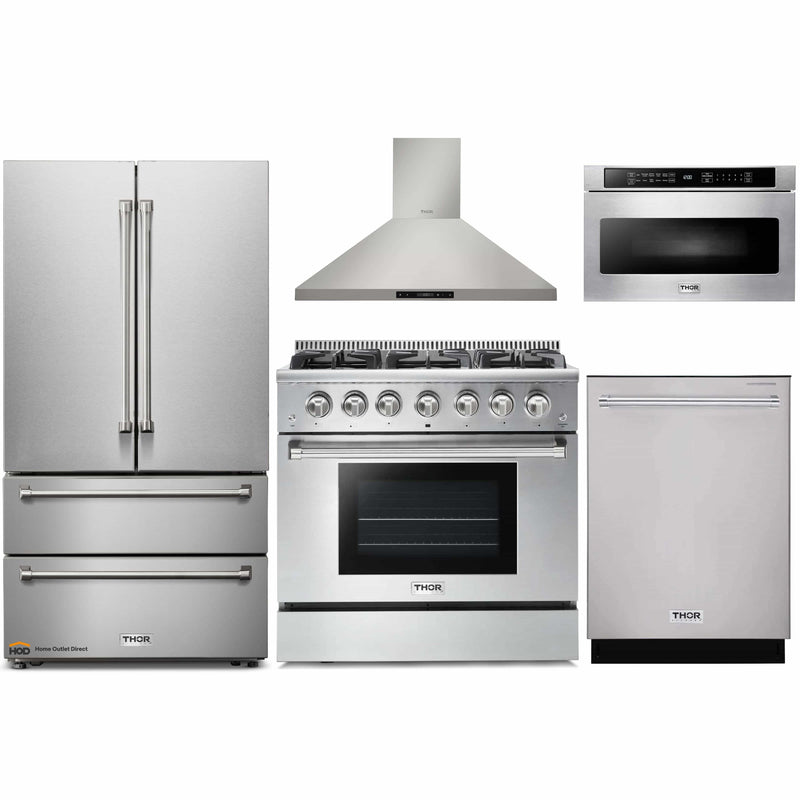 Thor Kitchen 5-Piece Pro Appliance Package - 36-Inch Gas Range, French Door Refrigerator, Wall Mount Hood, Dishwasher, and Microwave Drawer in Stainless Steel