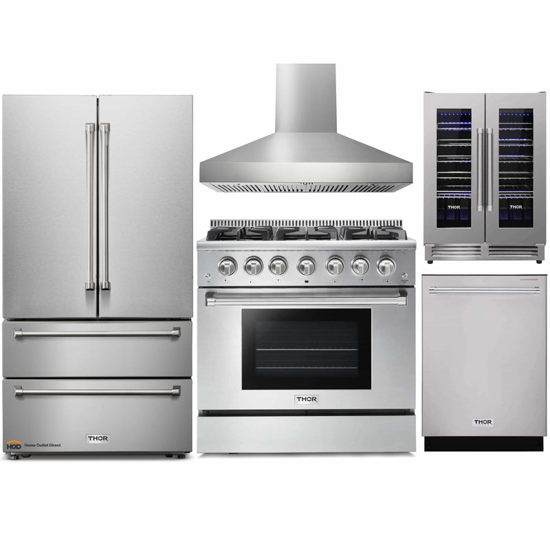 Thor Kitchen 5-Piece Pro Appliance Package - 36-Inch Gas Range, French Door Refrigerator, Pro-Style Wall Mount Hood, Dishwasher, and Wine Cooler in Stainless Steel