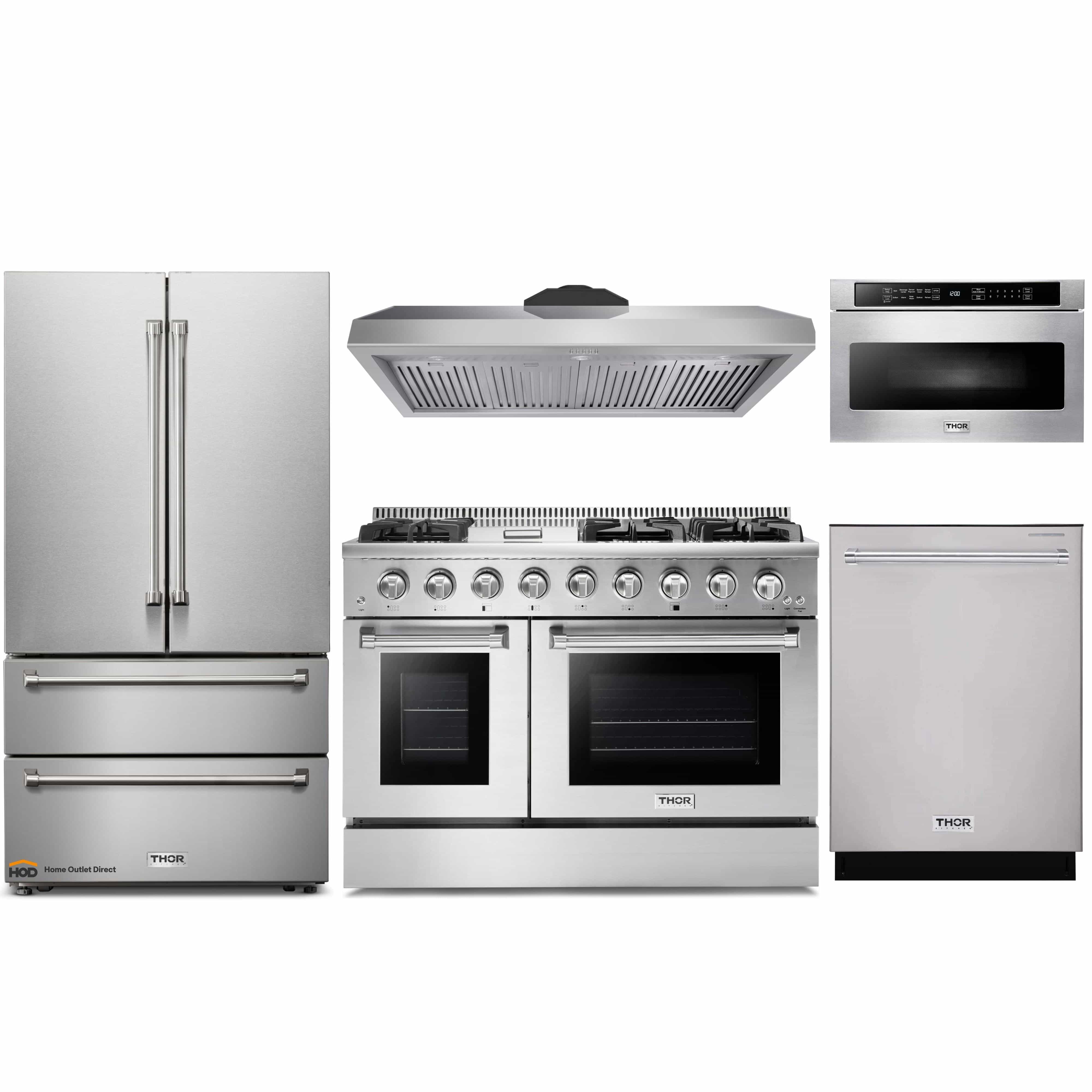 Thor Kitchen 5-Piece Pro Appliance Package - 48-Inch Gas Range, French Door Refrigerator, Dishwasher, Under Cabinet 11-Inch Tall Hood, and Microwave Drawer in Stainless Steel