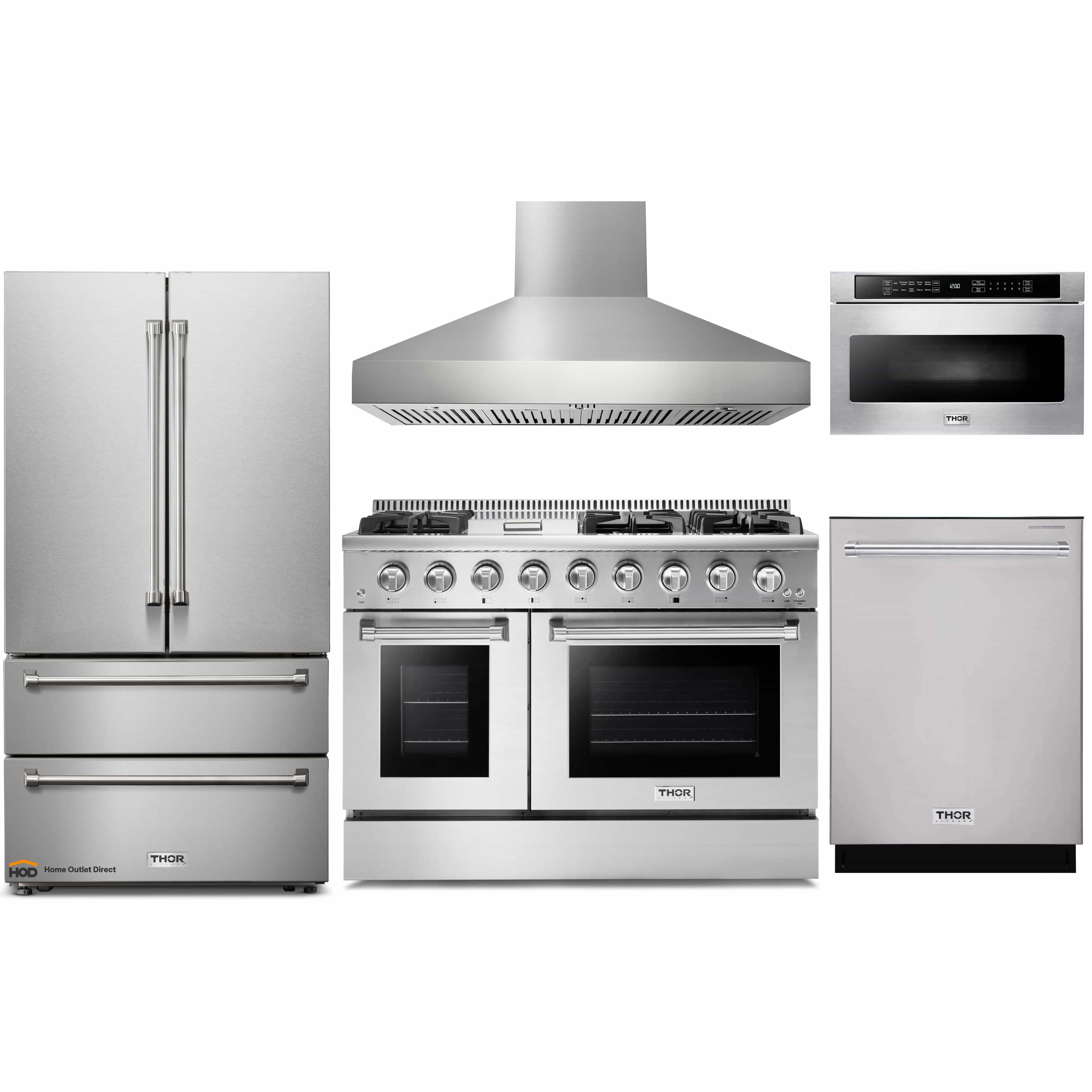 Thor Kitchen 5-Piece Pro Appliance Package - 48-Inch Gas Range, French Door Refrigerator, Dishwasher, Pro Wall Mount Hood, and Microwave Drawer in Stainless Steel