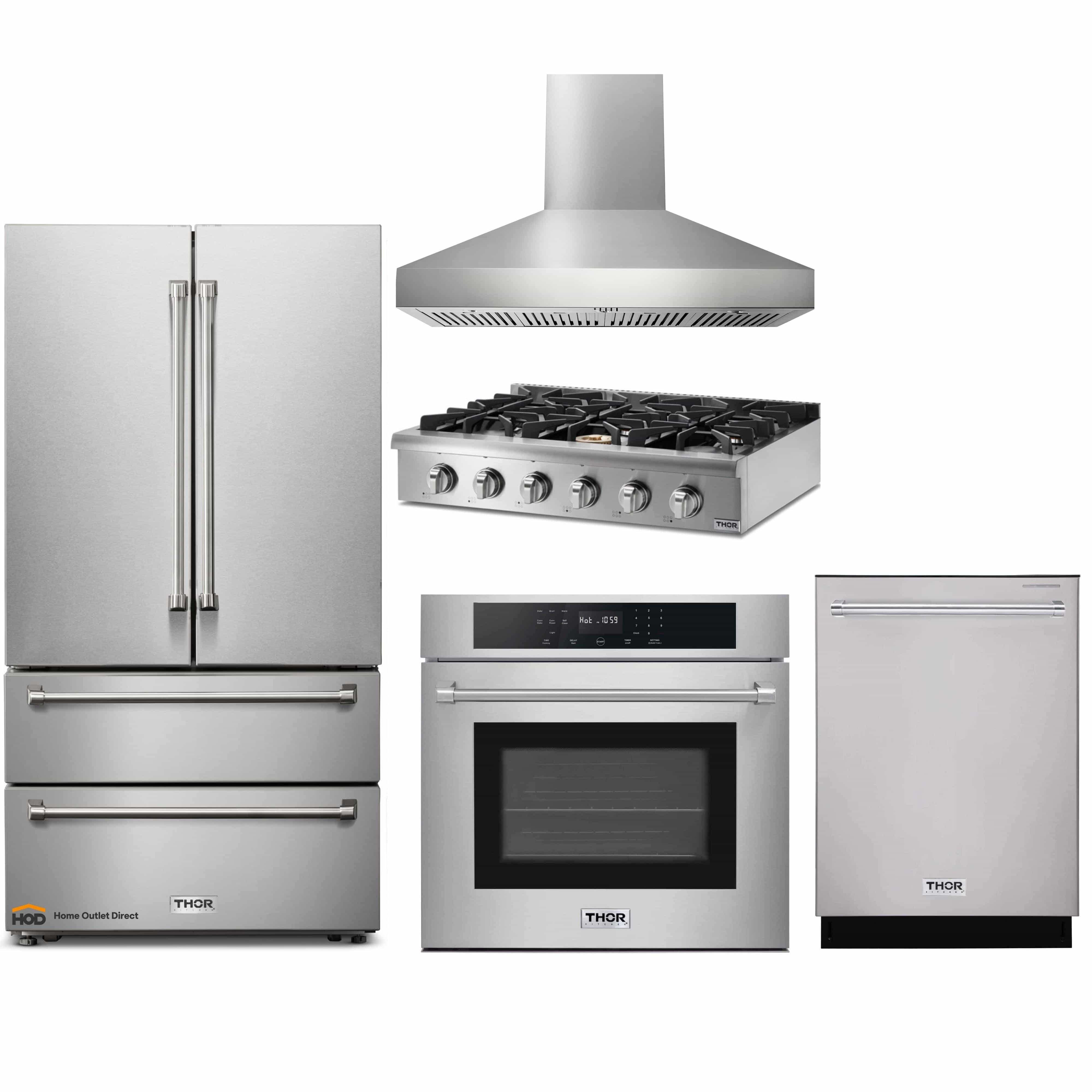 Thor Kitchen 5-Piece Pro Appliance Package - 36-Inch Rangetop, Electric Wall Oven, Pro-Style Wall Mount Hood, Dishwasher & Refrigerator in Stainless Steel