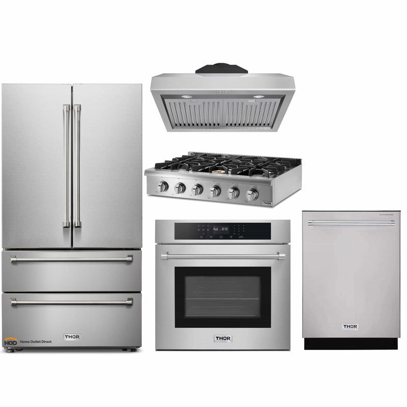 Thor Kitchen 5-Piece Pro Appliance Package - 36-Inch Rangetop, Electric Wall Oven, Under Cabinet Hood, Dishwasher & Refrigerator in Stainless Steel