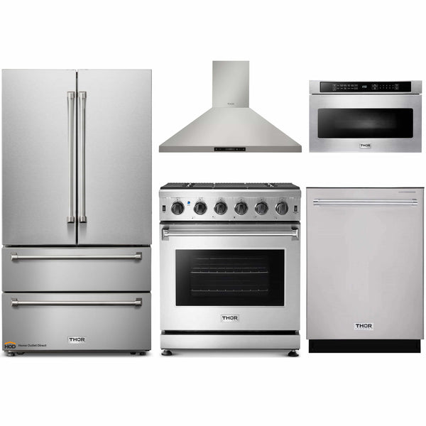 Thor Kitchen 5-Piece Appliance Package - 30-Inch Gas Range, French Door Refrigerator, Wall Mount Hood, Dishwasher, and Microwave Drawer in Stainless Steel