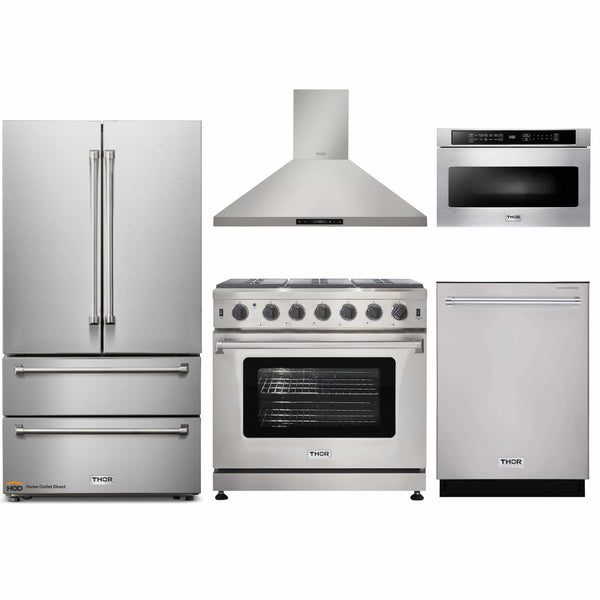 Thor Kitchen 5-Piece Appliance Package - 36-Inch Gas Range, French Door Refrigerator, Wall Mount Hood, Dishwasher, and Microwave Drawer in Stainless Steel
