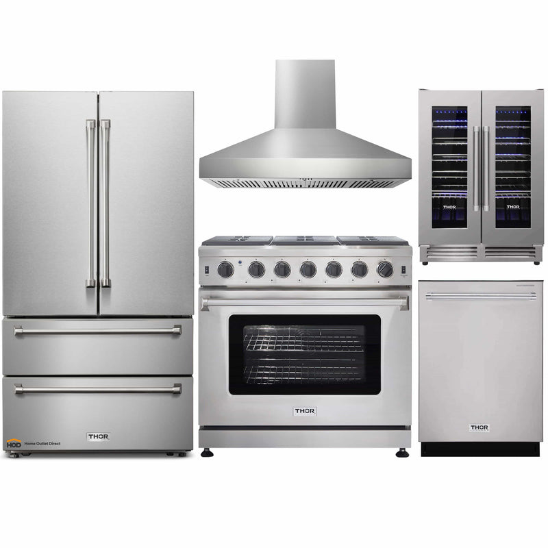 Thor Kitchen 5-Piece Appliance Package - 36-Inch Gas Range, French Door Refrigerator, Pro-Style Wall Mount Hood, Dishwasher, and Wine Cooler in Stainless Steel