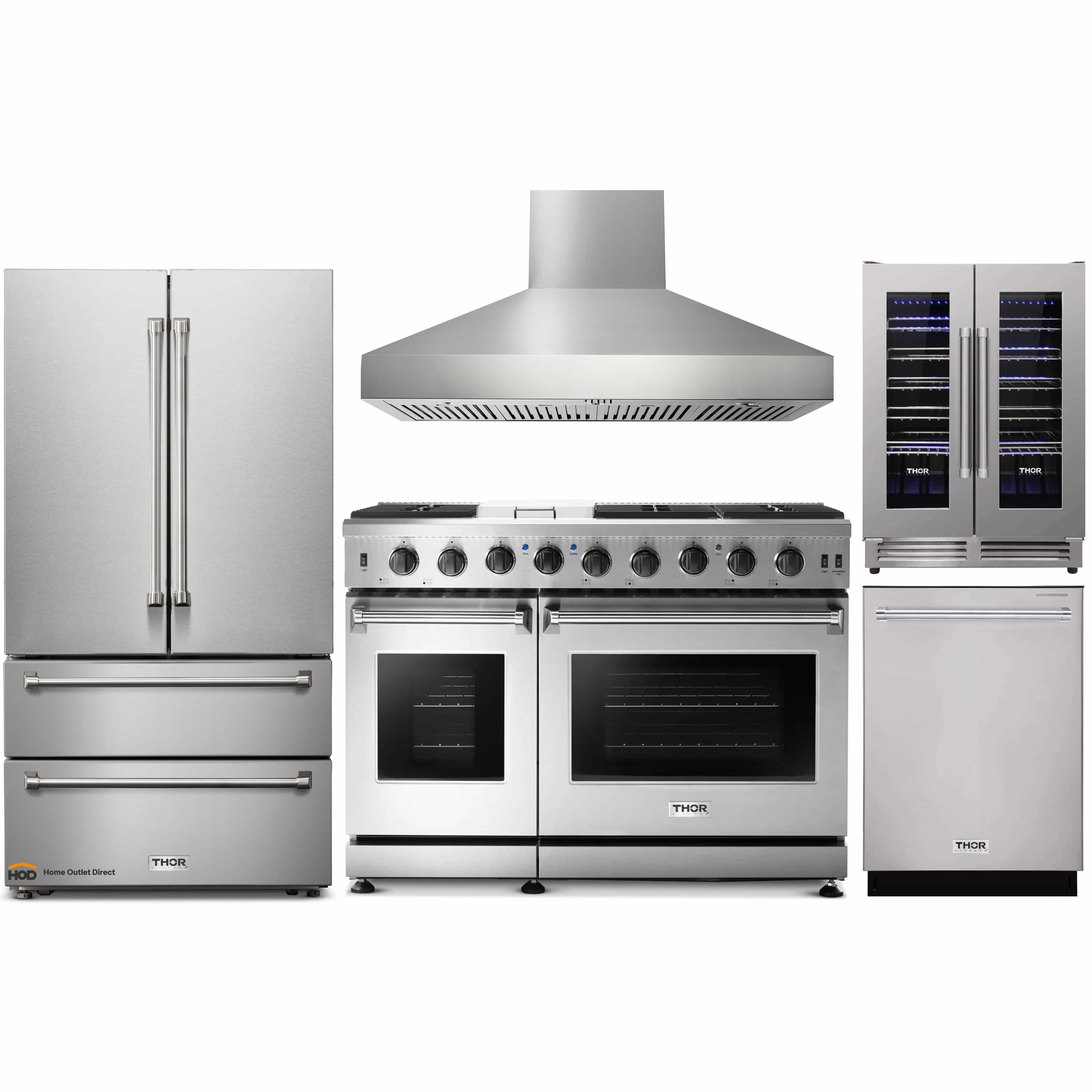 Thor Kitchen 5-Piece Appliance Package - 48-Inch Gas Range, French Door Refrigerator, Pro Wall Mount Hood, Dishwasher, and Wine Cooler in Stainless Steel
