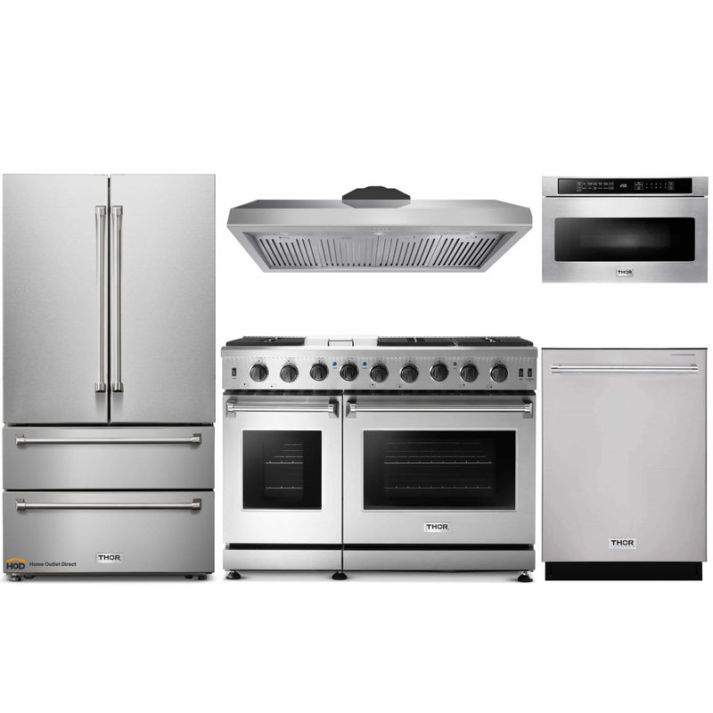 Thor Kitchen 5-Piece Appliance Package - 48-Inch Gas Range, French Door Refrigerator, Under Cabinet 11-Inch Tall Hood, Dishwasher, and Microwave Drawer in Stainless Steel