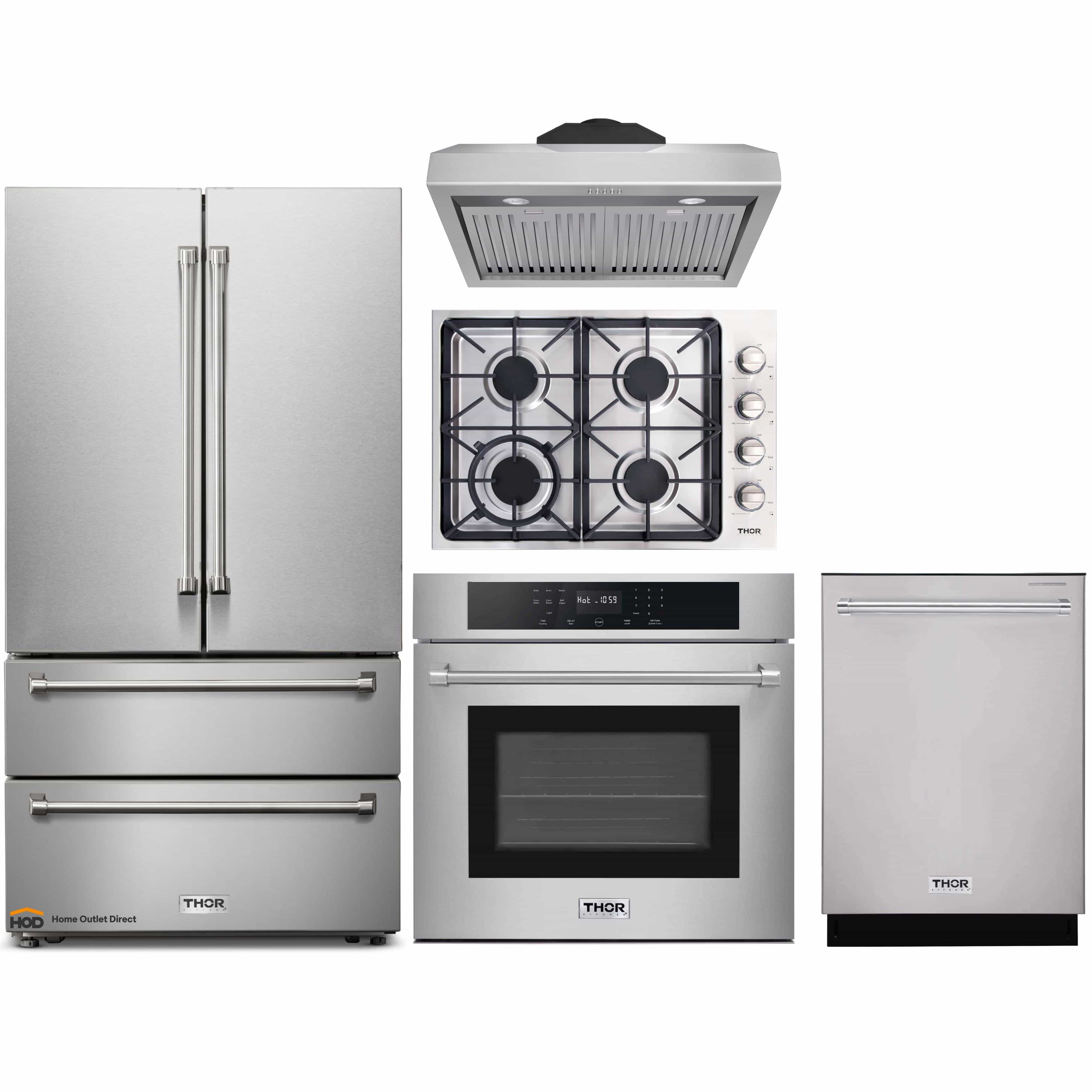Thor Kitchen 5-Piece Pro Appliance Package - 30-Inch Gas Cooktop, Electric Wall Oven, Under Cabinet Hood, Dishwasher & Refrigerator in Stainless Steel