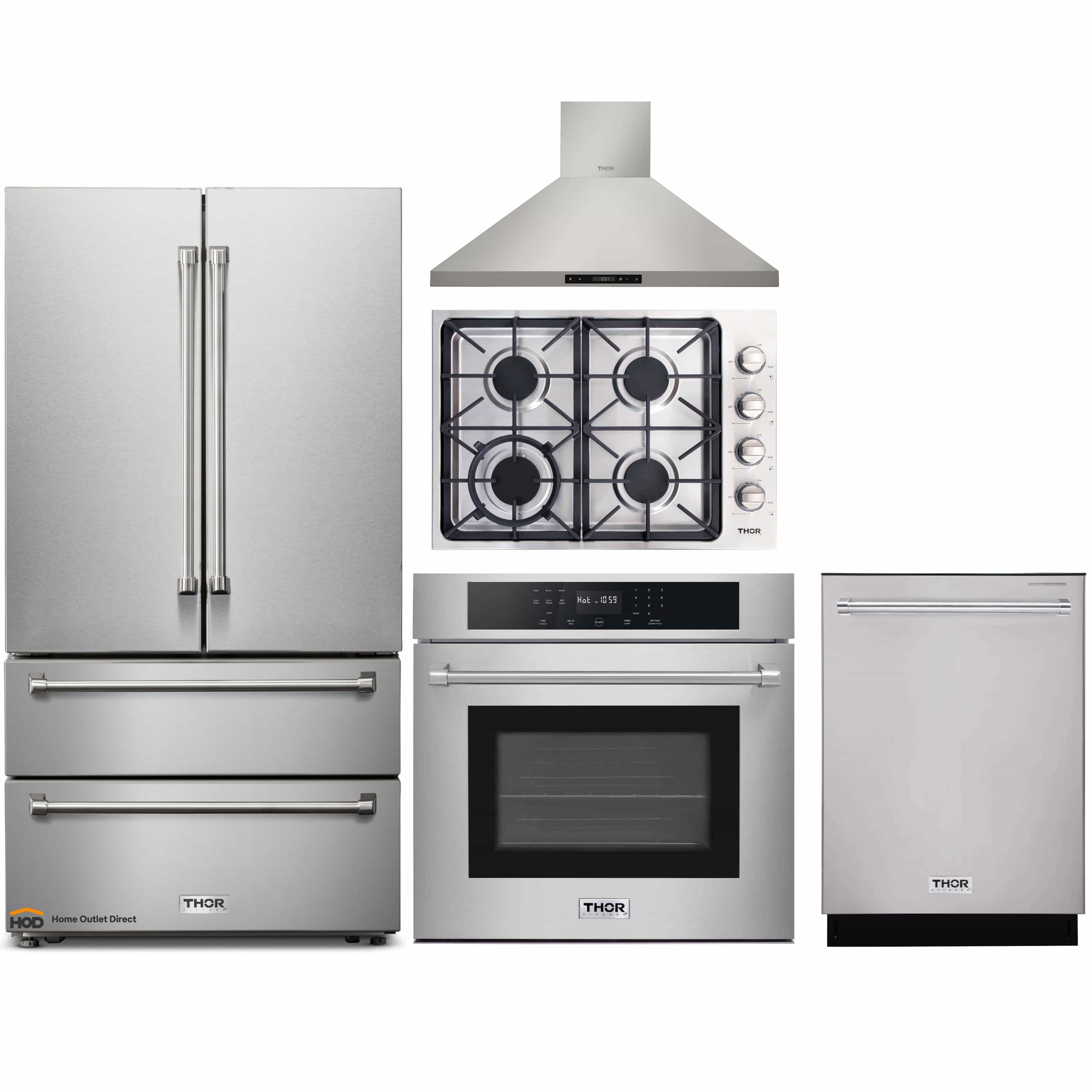 Thor Kitchen 5-Piece Pro Appliance Package - 30-Inch Gas Cooktop, Electric Wall Oven, Wall Mount Hood, Dishwasher & Refrigerator in Stainless Steel