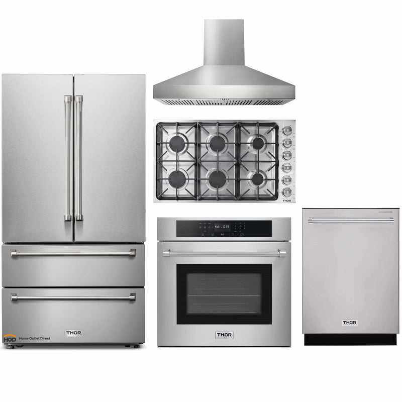 Thor Kitchen 5-Piece Pro Appliance Package - 36-Inch Gas Cooktop, Electric Wall Oven, Pro-Style Wall Mount Hood, Dishwasher, & Refrigerator in Stainless Steel