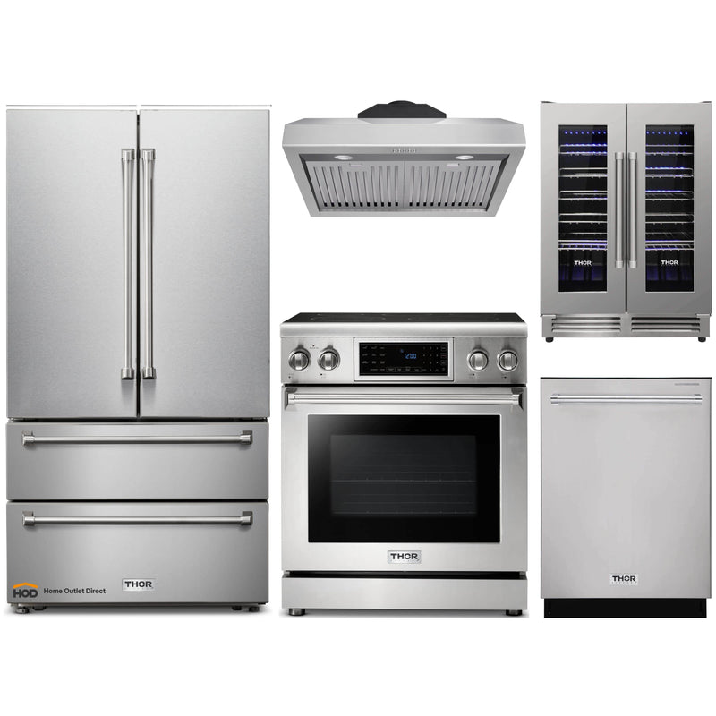 Thor Kitchen 5-Piece Appliance Package - 30-Inch Electric Range with Tilt Panel, French Door Refrigerator, Under Cabinet Hood, Dishwasher, & Wine Cooler in Stainless Steel