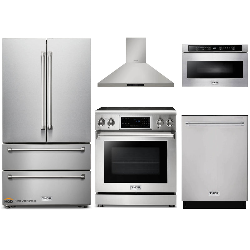 Thor Kitchen 5-Piece Appliance Package - 30-Inch Electric Range with Tilt Panel, French Door Refrigerator, Wall Mount Hood, Dishwasher, and Microwave Drawer in Stainless Steel