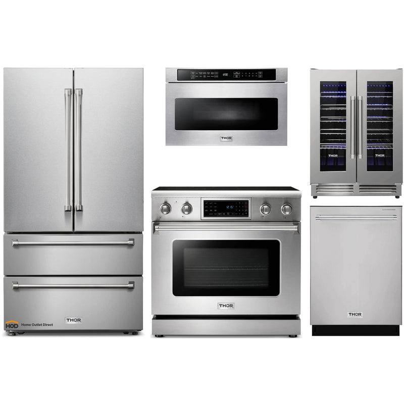 Thor Kitchen 5-Piece Appliance Package - 36-Inch Gas Range with Tilt Panel, French Door Refrigerator, Dishwasher, Microwave Drawer, & Wine Cooler in Stainless Steel