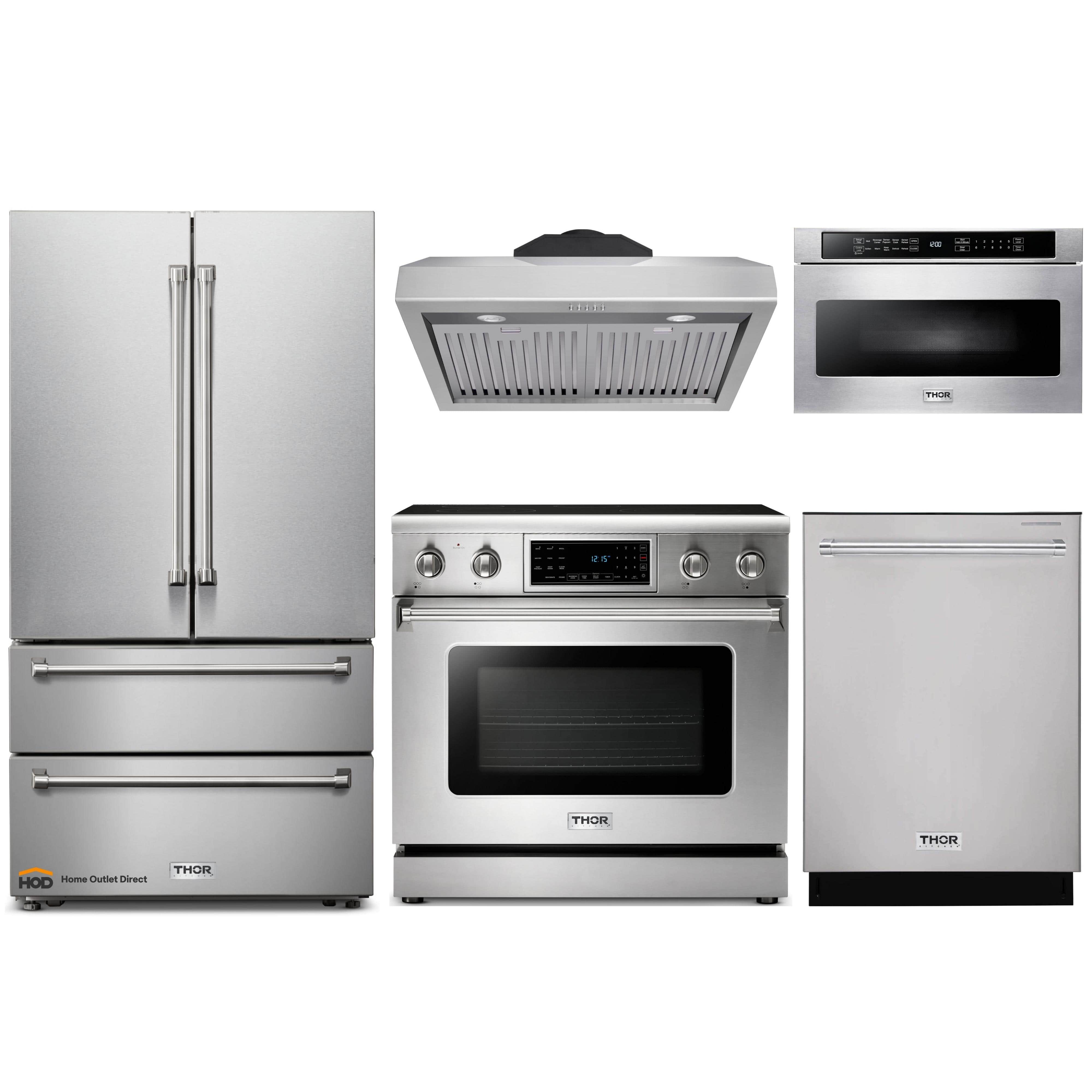 Thor Kitchen 5-Piece Appliance Package - 36-Inch Electric Range with Tilt Panel, French Door Refrigerator, Under Cabinet Hood, Dishwasher, and Microwave Drawer in Stainless Steel