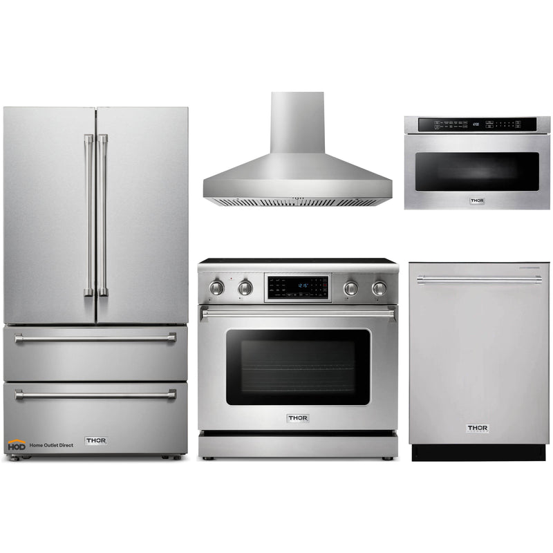 Thor Kitchen 5-Piece Appliance Package - 36-Inch Electric Range with Tilt Panel, French Door Refrigerator, Pro-Style Wall Mount Hood, Dishwasher, and Microwave Drawer in Stainless Steel