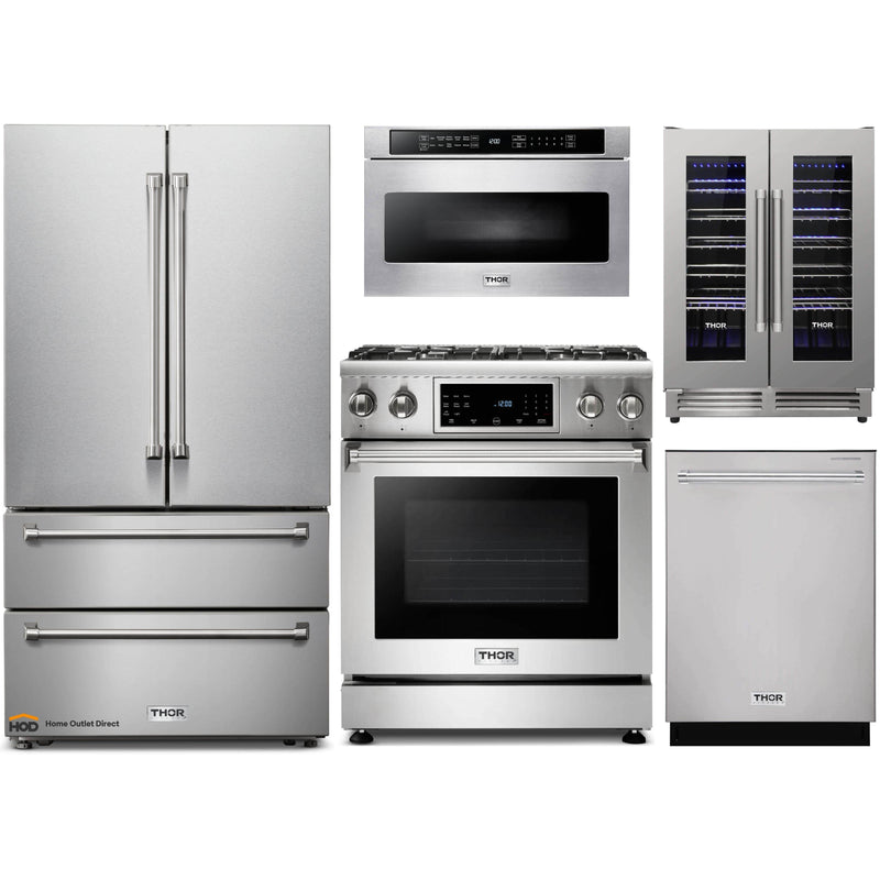Thor Kitchen 5-Piece Appliance Package - 30-Inch Gas Range with Tilt Panel, French Door Refrigerator, Dishwasher, Microwave Drawer, & Wine Cooler in Stainless Steel