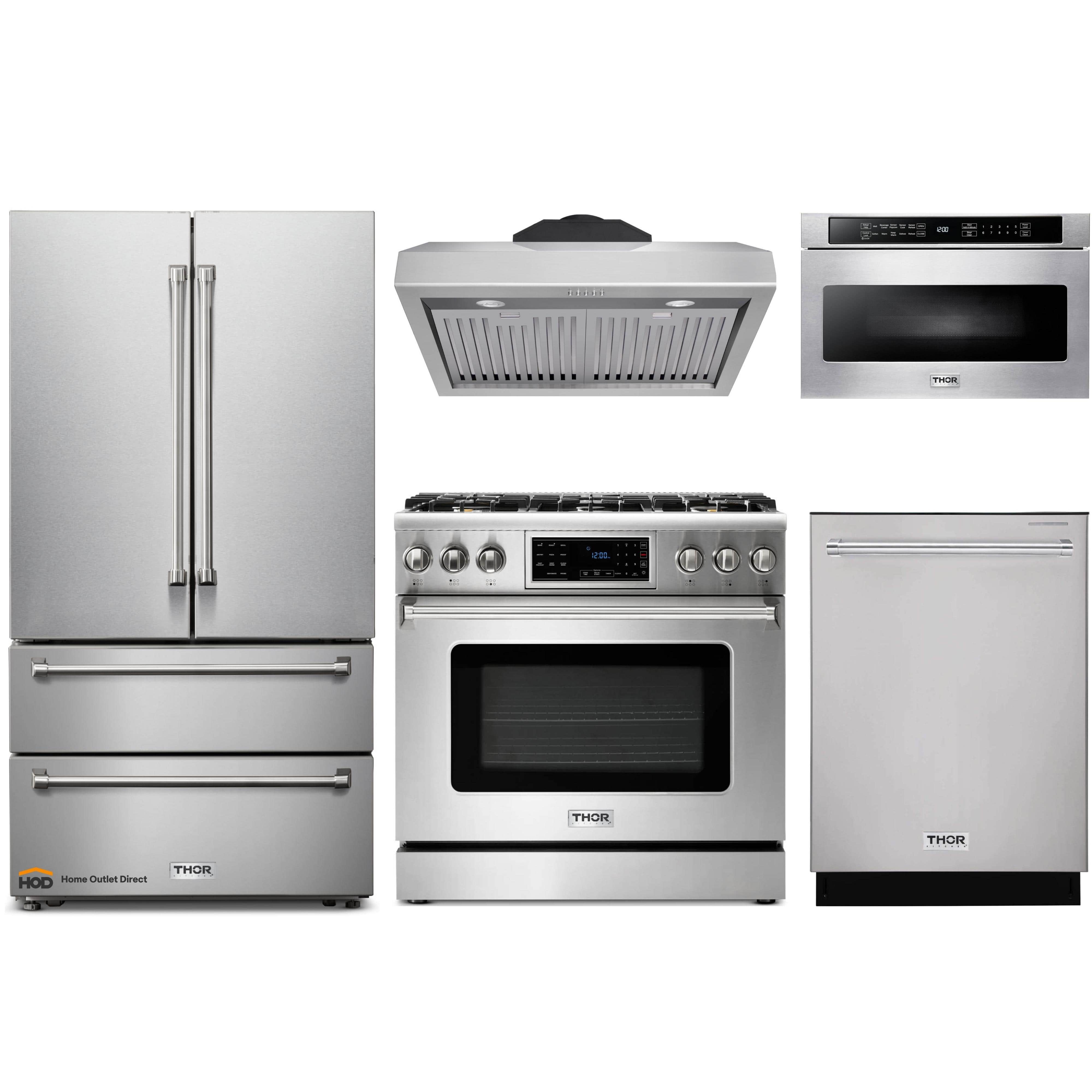 Thor Kitchen 5-Piece Appliance Package - 36-Inch Gas Range with Tilt Panel, French Door Refrigerator, Under Cabinet Hood, Dishwasher, and Microwave Drawer in Stainless Steel