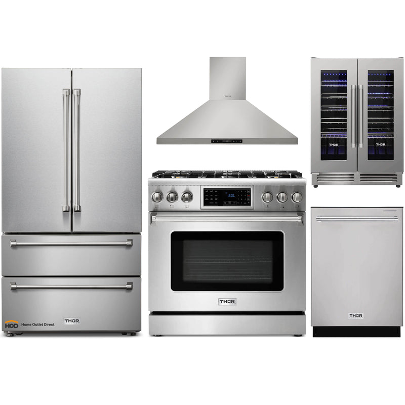 Thor Kitchen 5-Piece Appliance Package - 36-Inch Gas Range with Tilt Panel, French Door Refrigerator, Wall Mount Hood, Dishwasher, and Wine Cooler in Stainless Steel