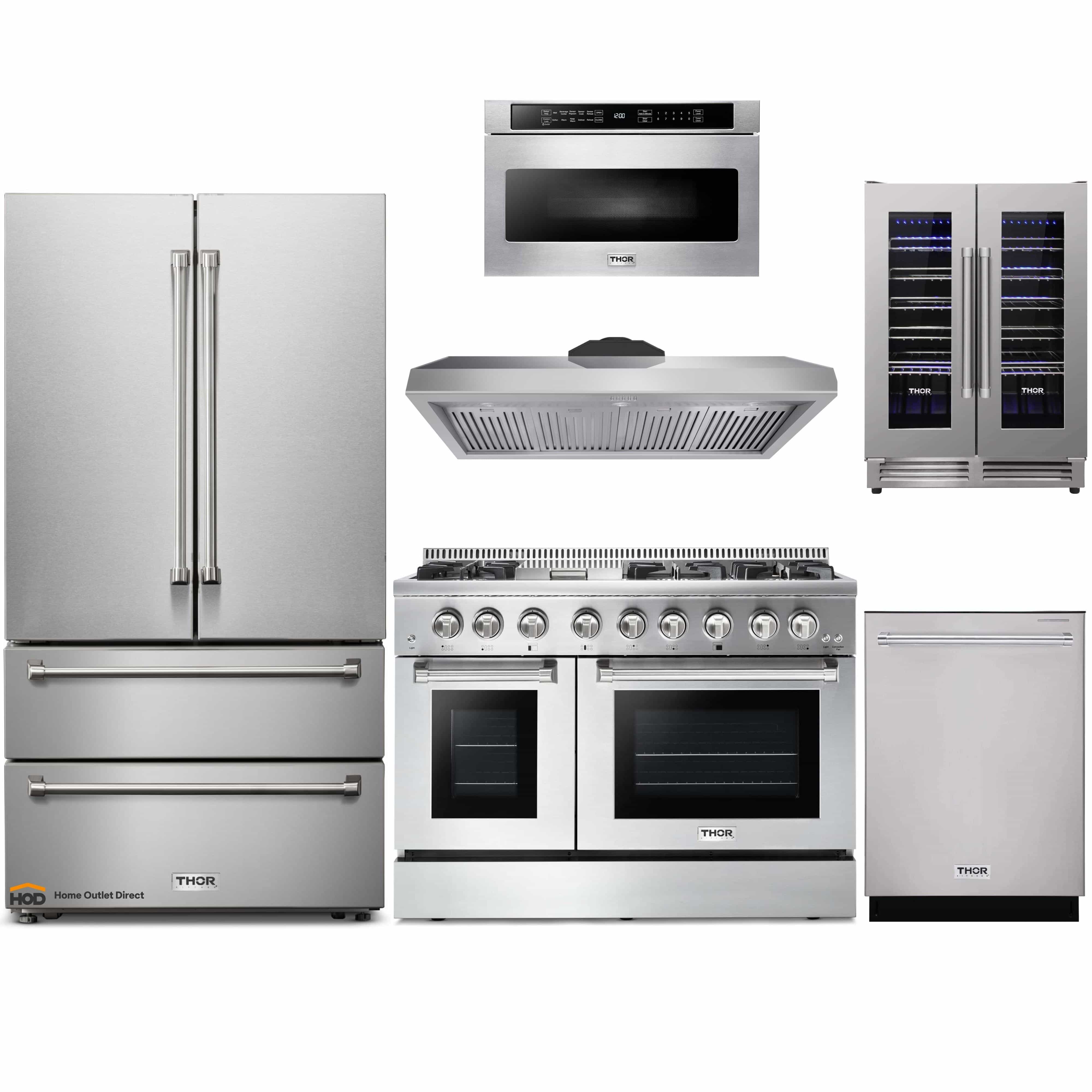Thor Kitchen 6-Piece Pro Appliance Package - 48-Inch Dual Fuel Range, French Door Refrigerator, Dishwasher, Under Cabinet 11-Inch Tall Hood, Microwave Drawer, & Wine Cooler in Stainless Steel