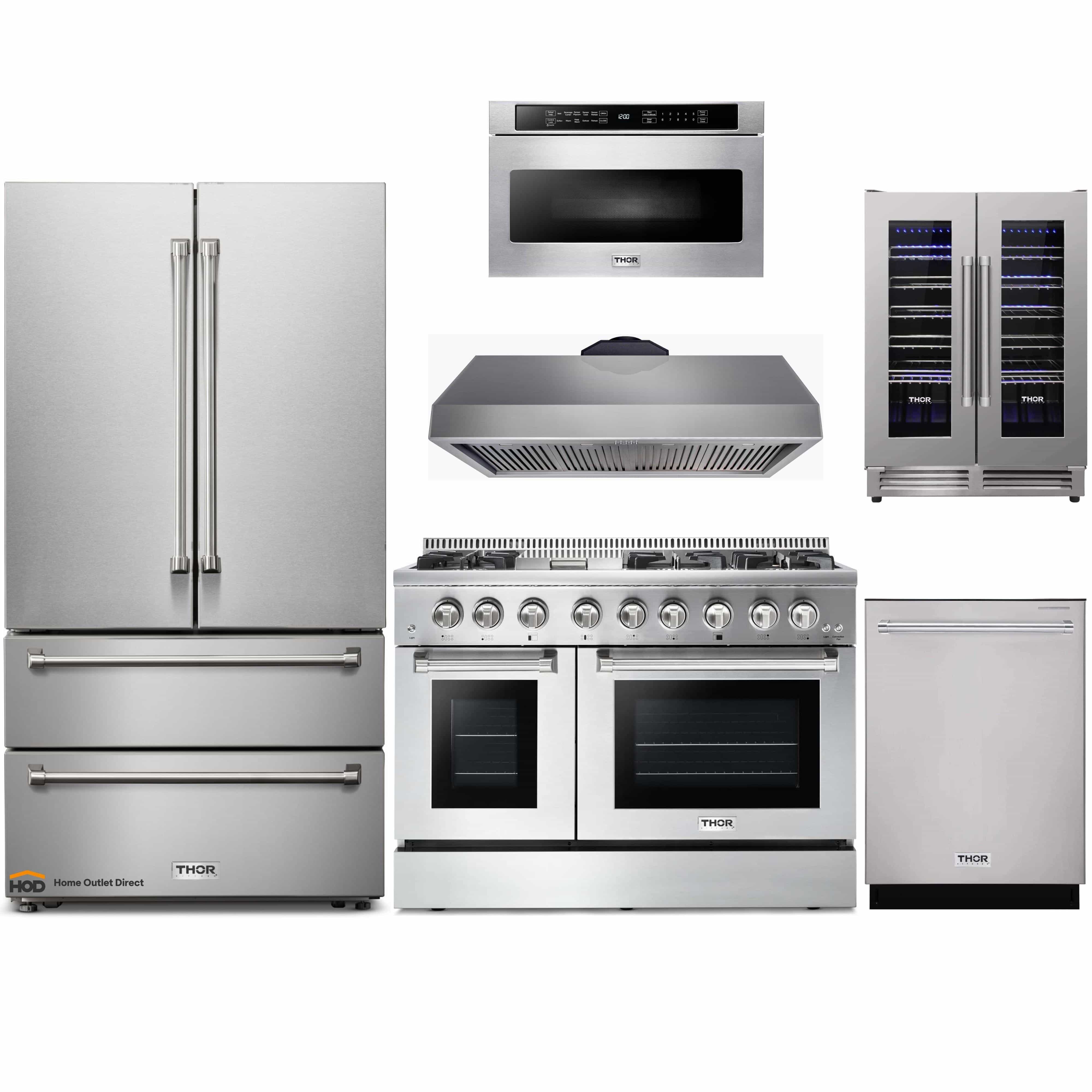 Thor Kitchen 6-Piece Pro Appliance Package - 48-Inch Dual Fuel Range, French Door Refrigerator, Dishwasher, Under Cabinet 16.5-Inch Tall Hood, Microwave Drawer, & Wine Cooler in Stainless Steel