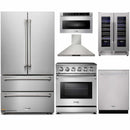 Thor Kitchen 6-Piece Appliance Package - 30-Inch Electric Range, French Door Refrigerator, Wall Mount Hood, Dishwasher, Microwave Drawer, & Wine Cooler in Stainless Steel