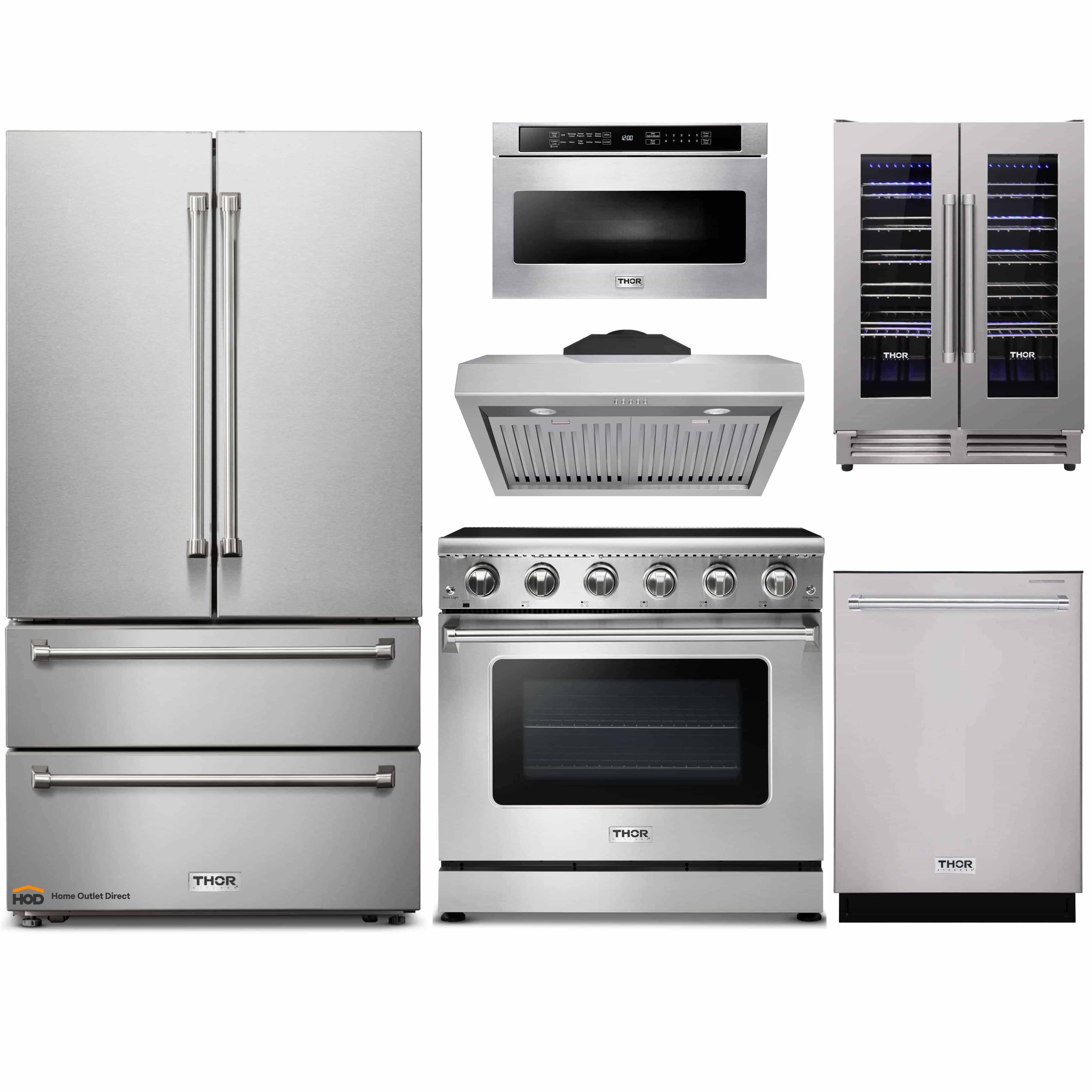 Thor Kitchen 6-Piece Appliance Package - 36-Inch Electric Range, French Door Refrigerator, Under Cabinet Hood, Dishwasher, Microwave Drawer, & Wine Cooler in Stainless Steel