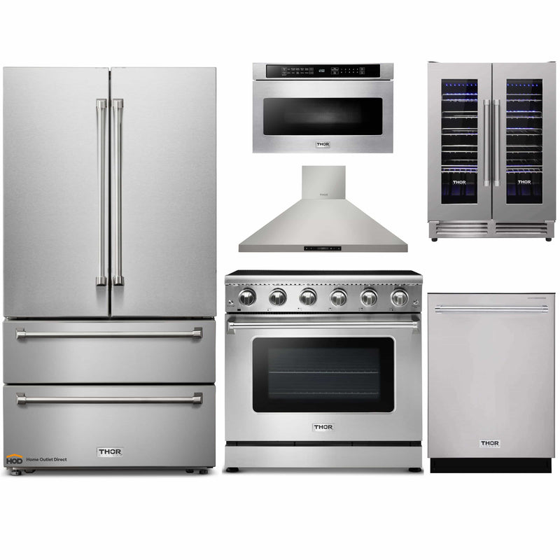 Thor Kitchen 6-Piece Appliance Package - 36-Inch Electric Range, French Door Refrigerator, Wall Mount Hood, Dishwasher, Microwave Drawer, & Wine Cooler in Stainless Steel