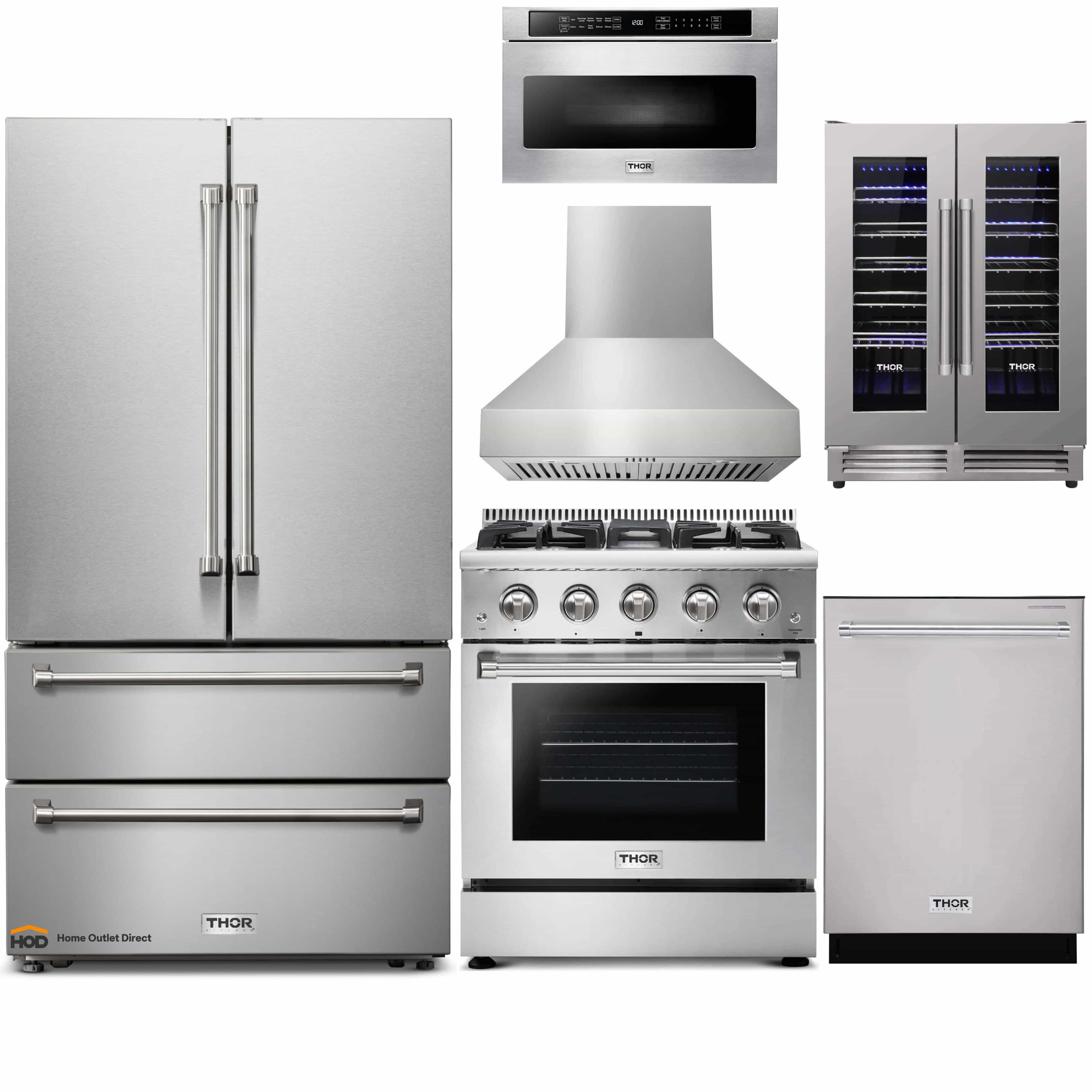 Thor Kitchen 6-Piece Pro Appliance Package - 30-Inch Gas Range, French Door Refrigerator, Pro-Style Wall Mount Hood, Dishwasher, Microwave Drawer, & Wine Cooler in Stainless Steel