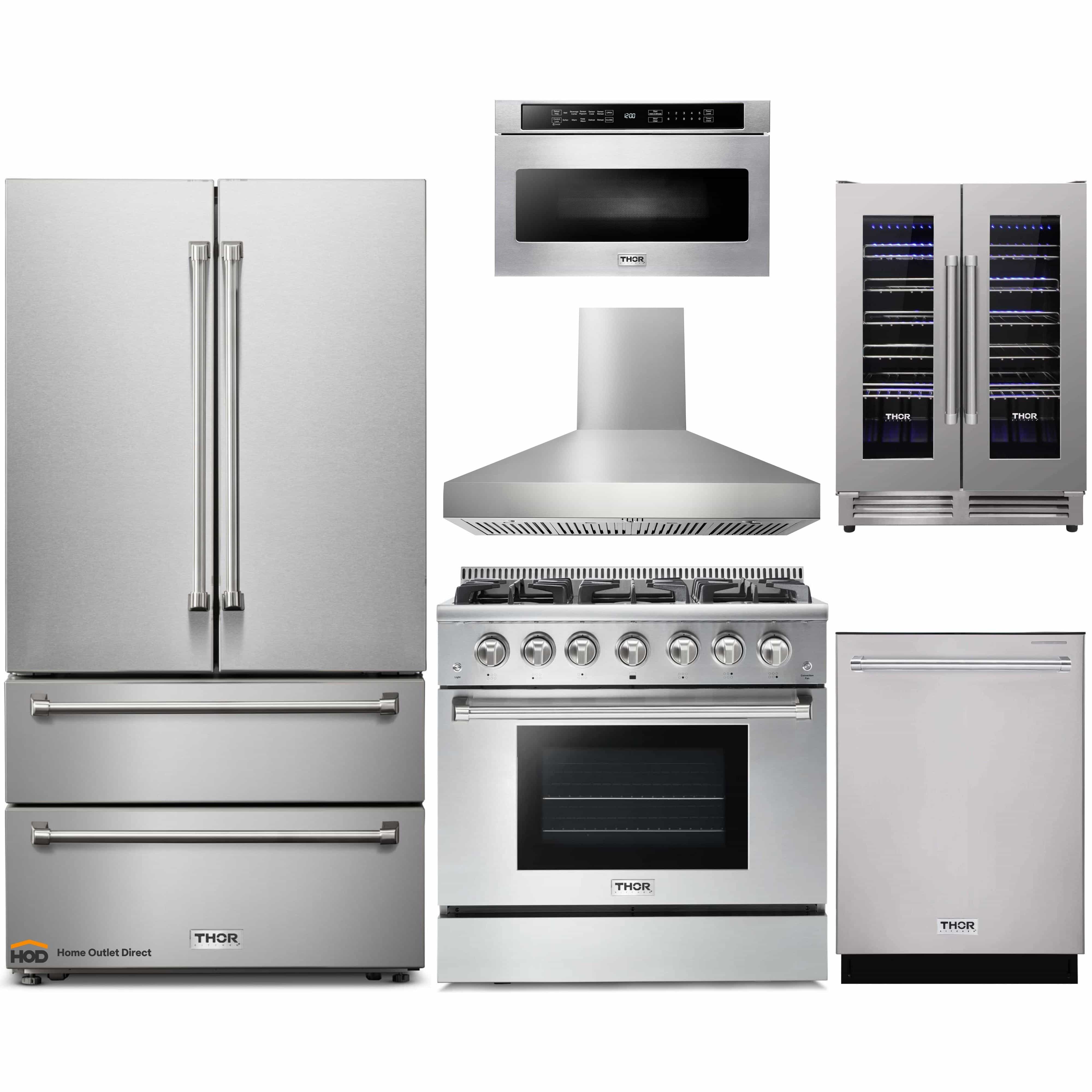 Thor Kitchen 6-Piece Pro Appliance Package - 36-Inch Gas Range, French Door Refrigerator, Pro-Style Wall Mount Hood, Dishwasher, Microwave Drawer, & Wine Cooler in Stainless Steel
