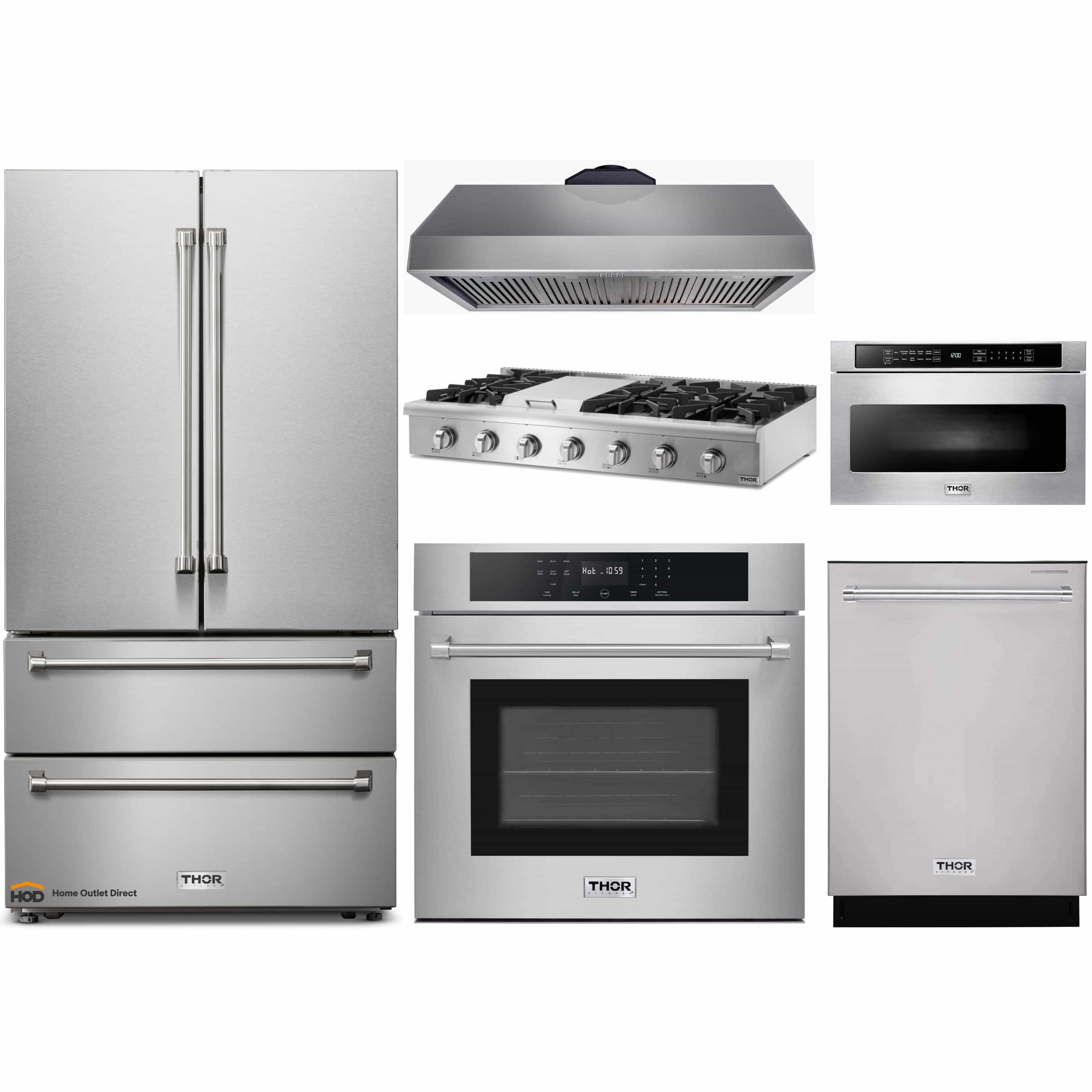 Thor Kitchen 6-Piece Pro Appliance Package - 48-Inch Rangetop, Electric Wall Oven, Under Cabinet 16.5-Inch Tall Hood, Refrigerator, Dishwasher, & Microwave Drawer in Stainless Steel