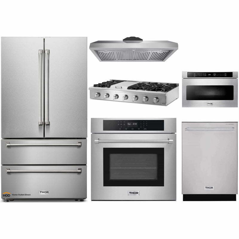 Thor Kitchen 6-Piece Pro Appliance Package - 48-Inch Rangetop, Electric Wall Oven, Under Cabinet 11-Inch Tall Hood, Refrigerator, Dishwasher, & Microwave Drawer in Stainless Steel