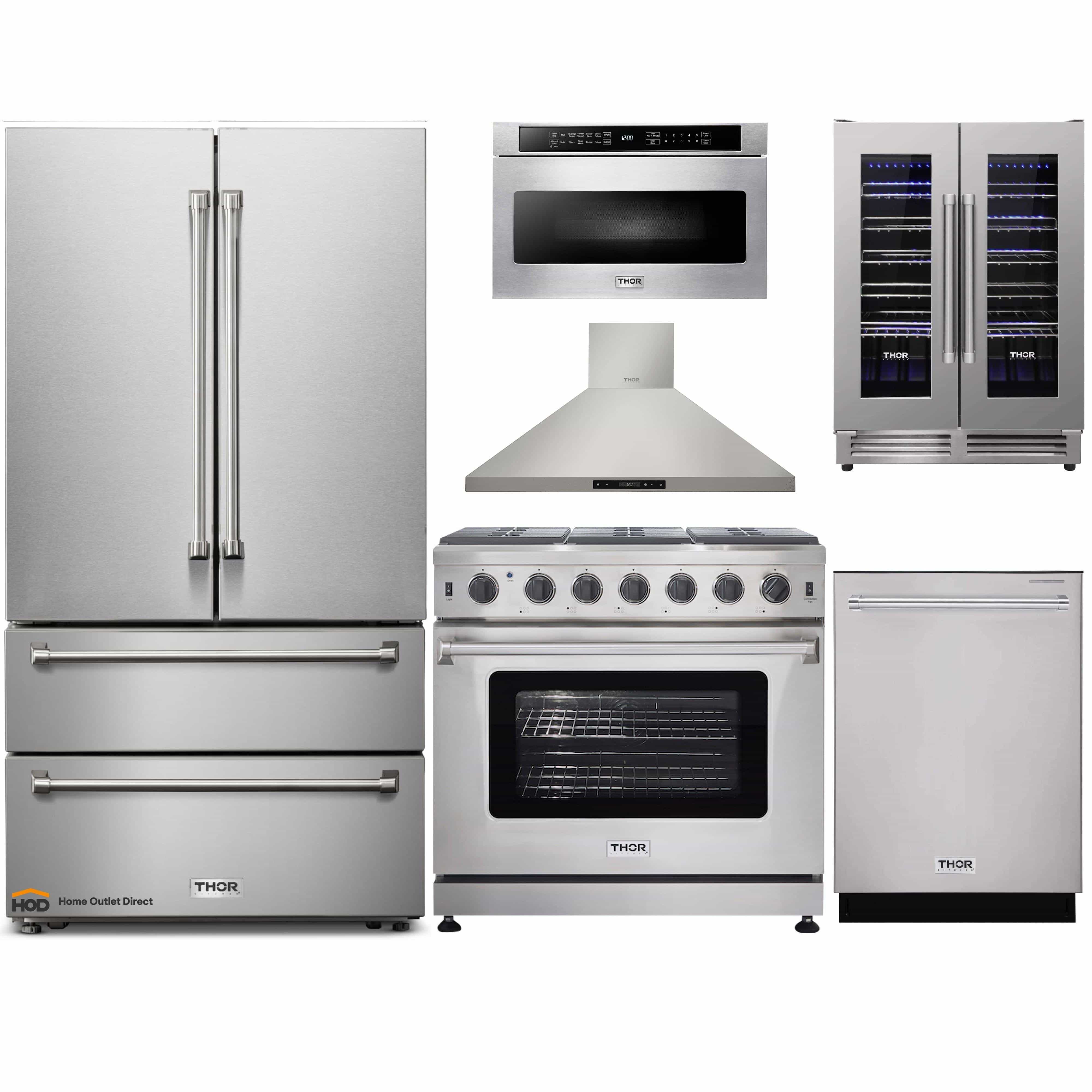 Thor Kitchen 6-Piece Appliance Package - 36-Inch Gas Range, French Door Refrigerator, Wall Mount Hood, Dishwasher, Microwave Drawer, & Wine Cooler in Stainless Steel