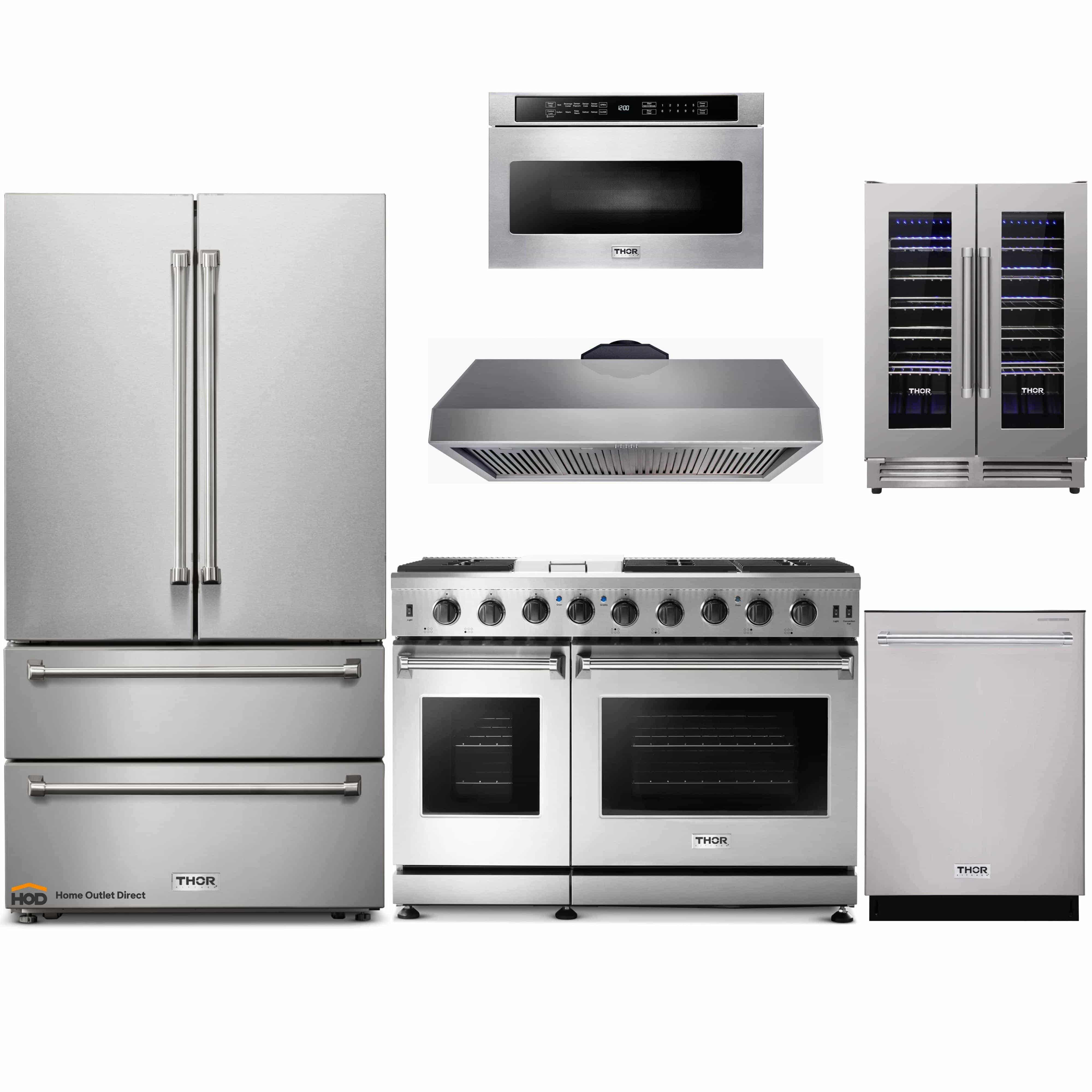 Thor Kitchen 6-Piece Appliance Package - 48-Inch Gas Range, French Door Refrigerator, Under Cabinet 16.5-Inch Tall Hood, Dishwasher, Microwave Drawer, and Wine Cooler in Stainless Steel